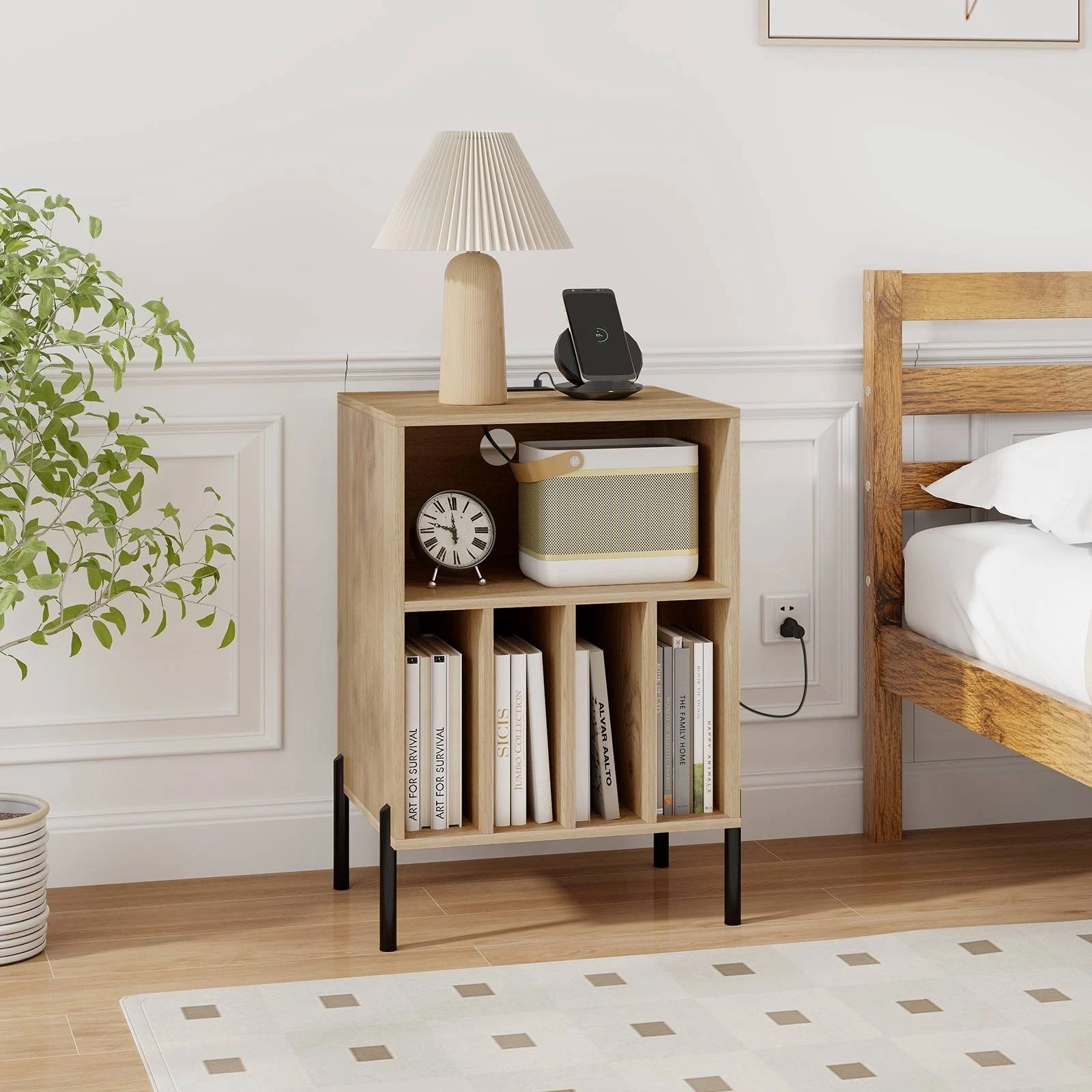 2 Costway Record Player Stand Turntable Stand w/Charging Station & USB Port - Natural, 2 of 4