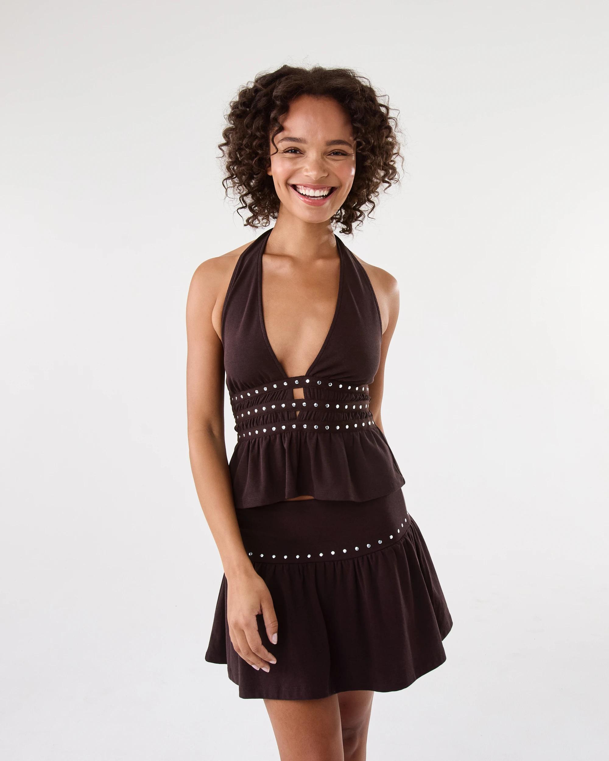 10 Sleeveless Studded Halter Top Choc Plum, 10 of 10