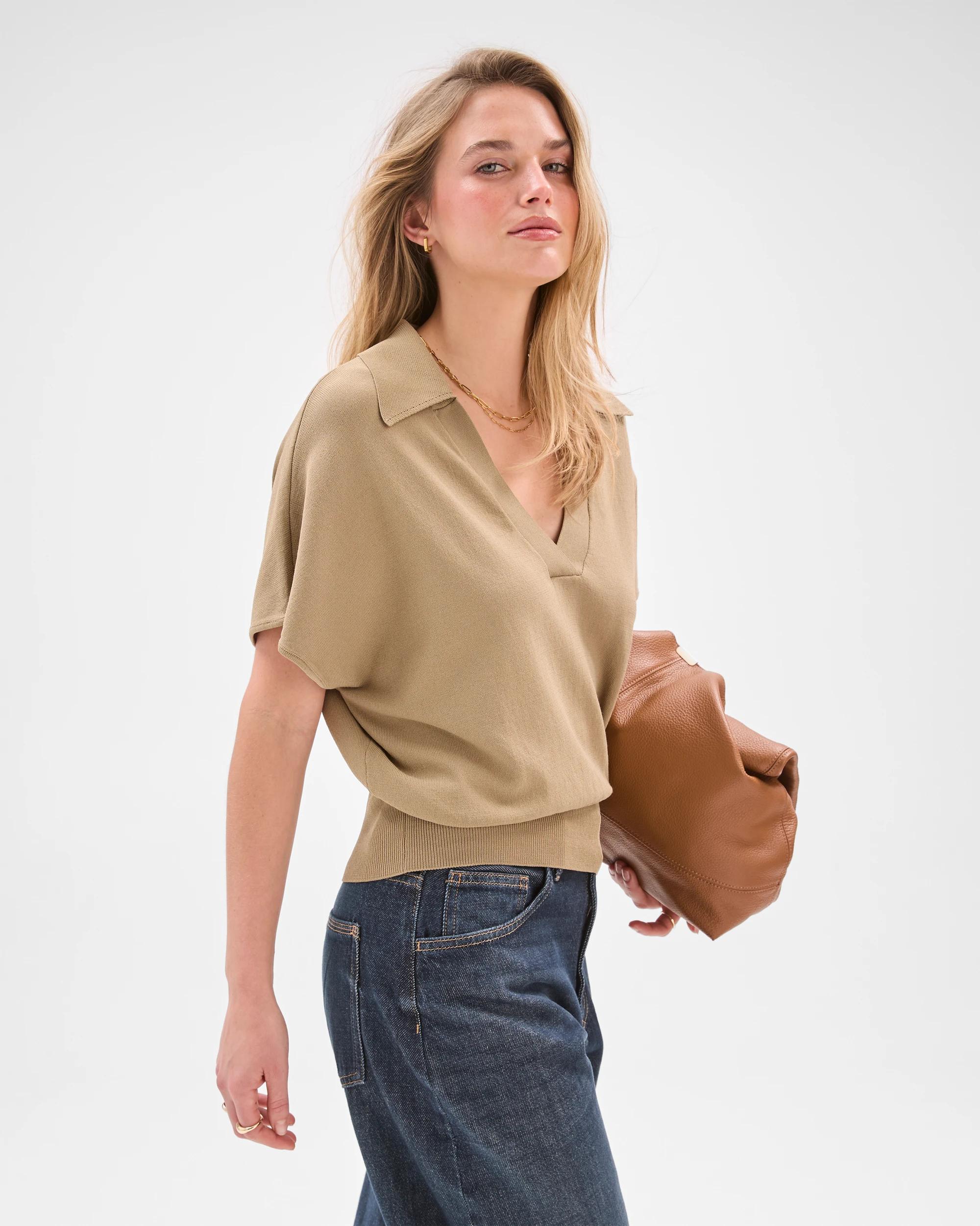 7 Lily Loves Basque Detail Polo Top CRUSHED LEAF, 7 of 8