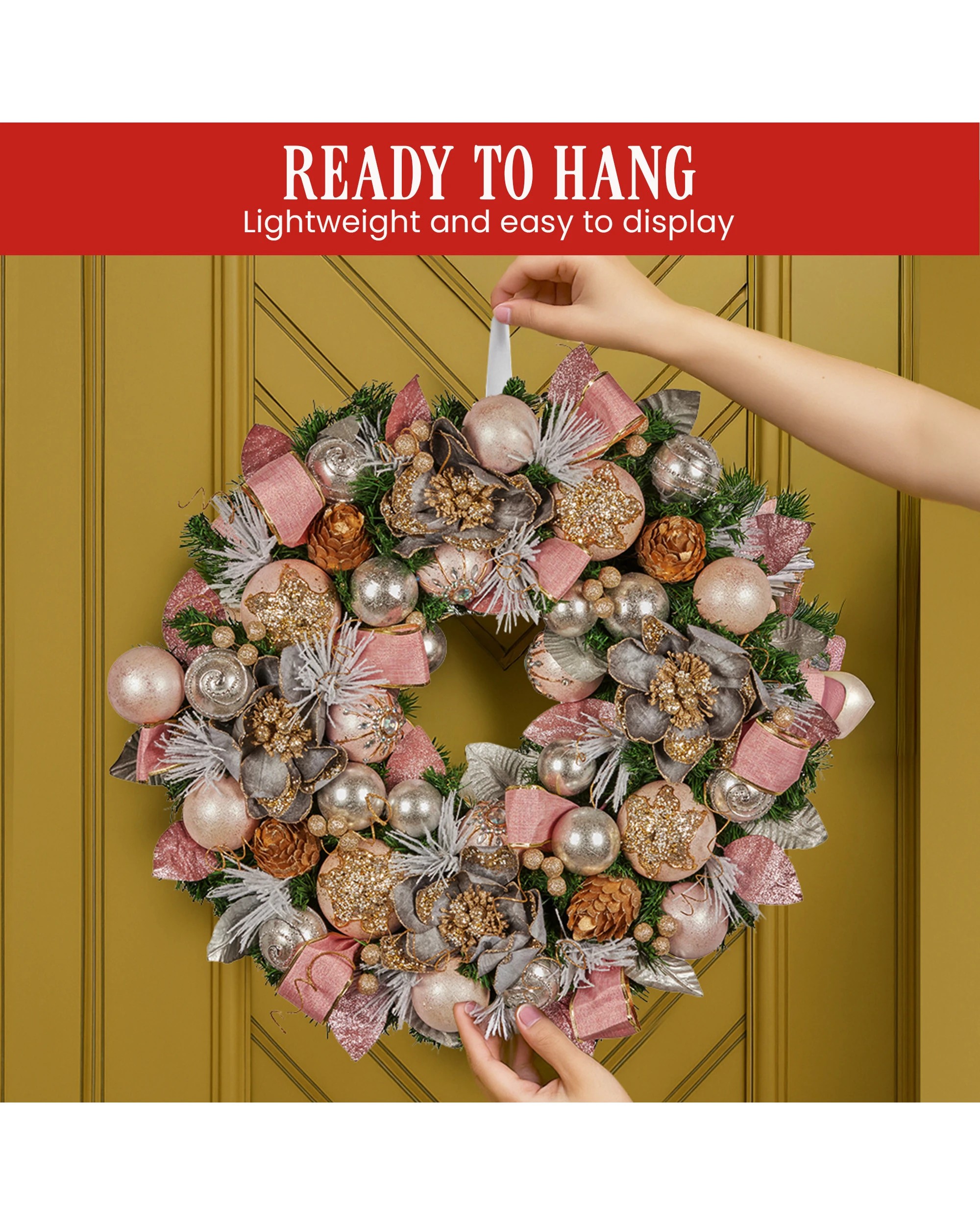 9 Christabelle 71cm Christmas Wreath Pink Front Door Decoration Jewelled Baubles Flowers Pine Cones Ribbons Ornaments, 9 of 9