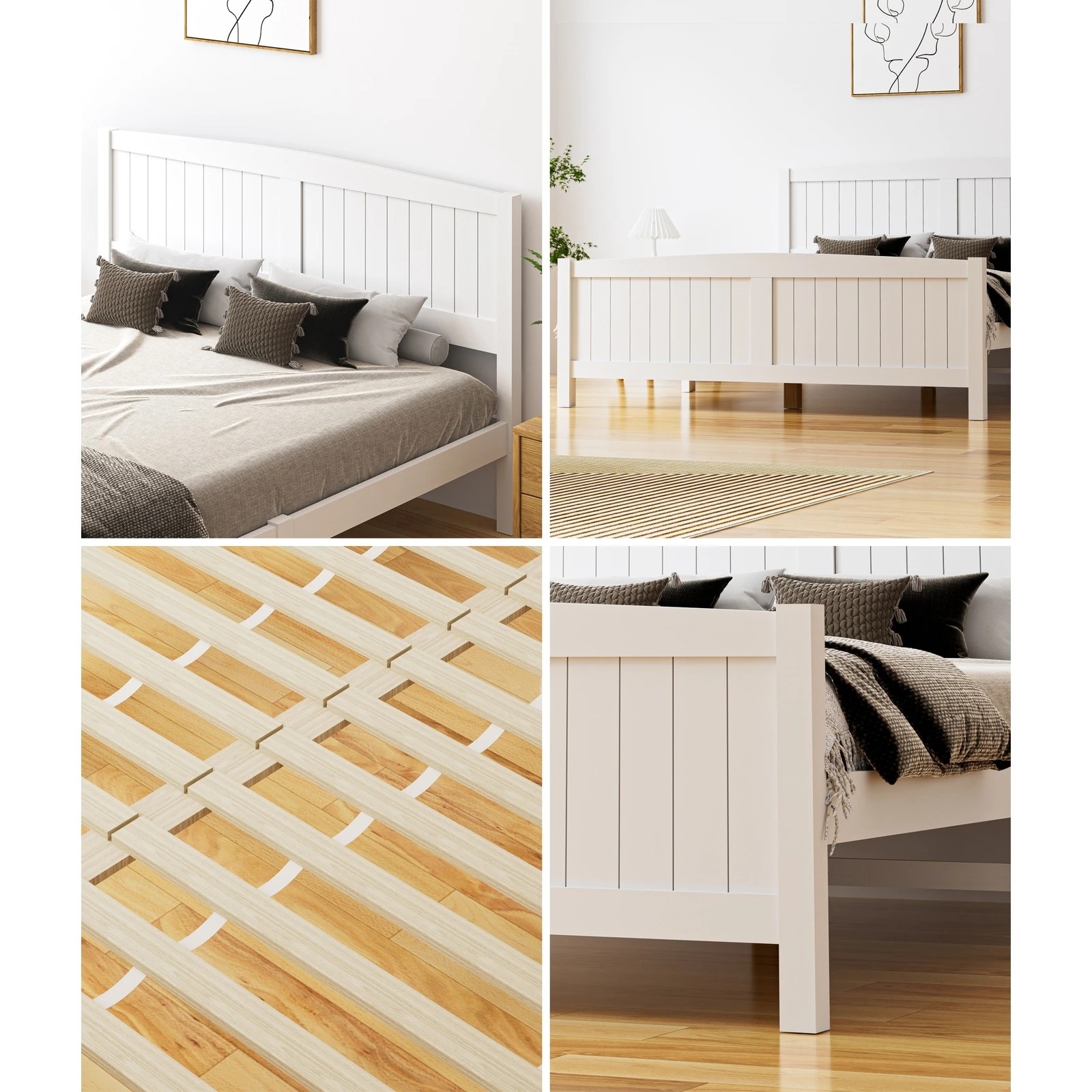 6 Oikiture Bed Frame Queen Size Wooden Base Timber Platform
 - White, 6 of 10