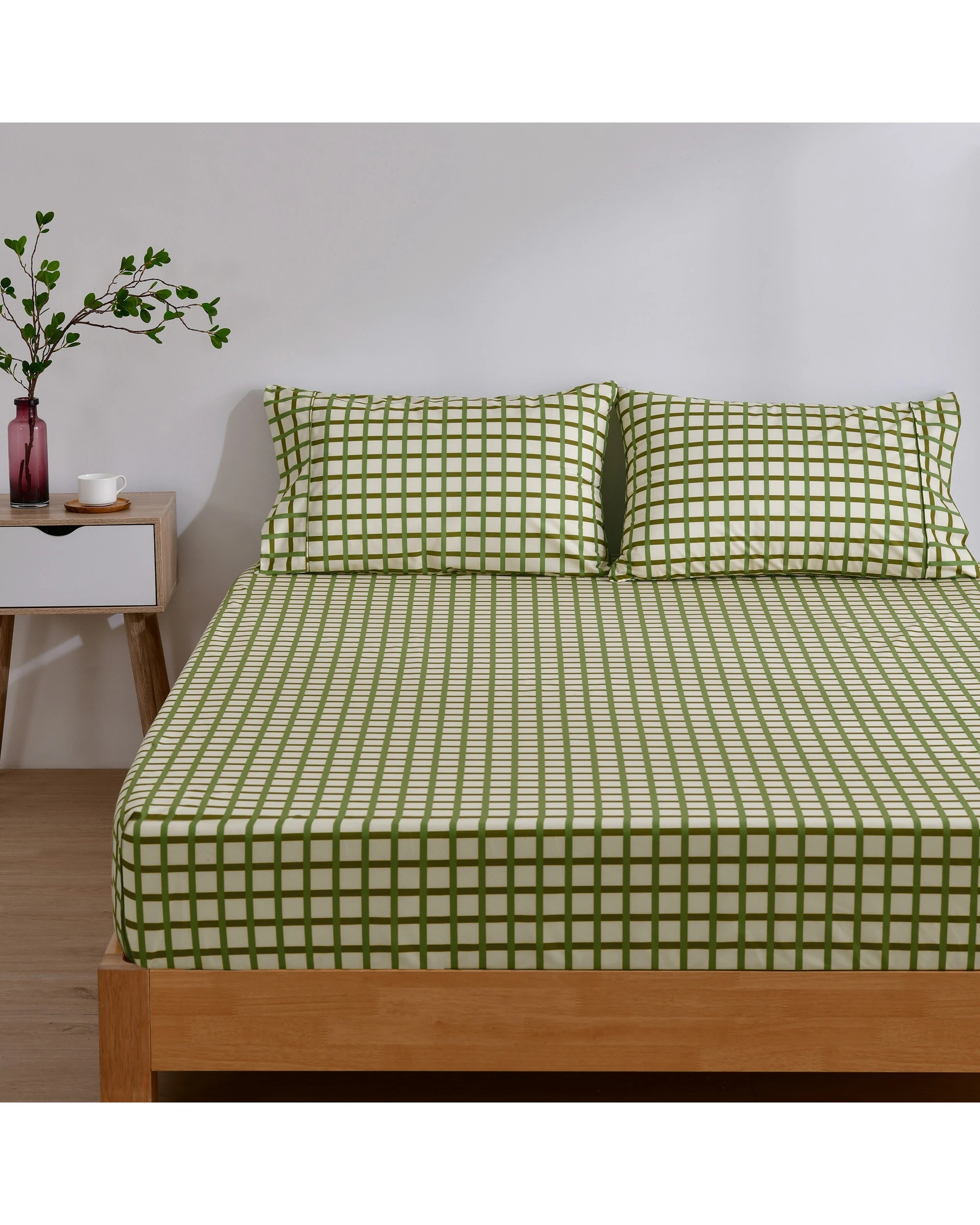 1 Dreamaker Micro Flannel Grid Combo Fitted Sheet Set - Queen Bed - Olive, 1 of 7