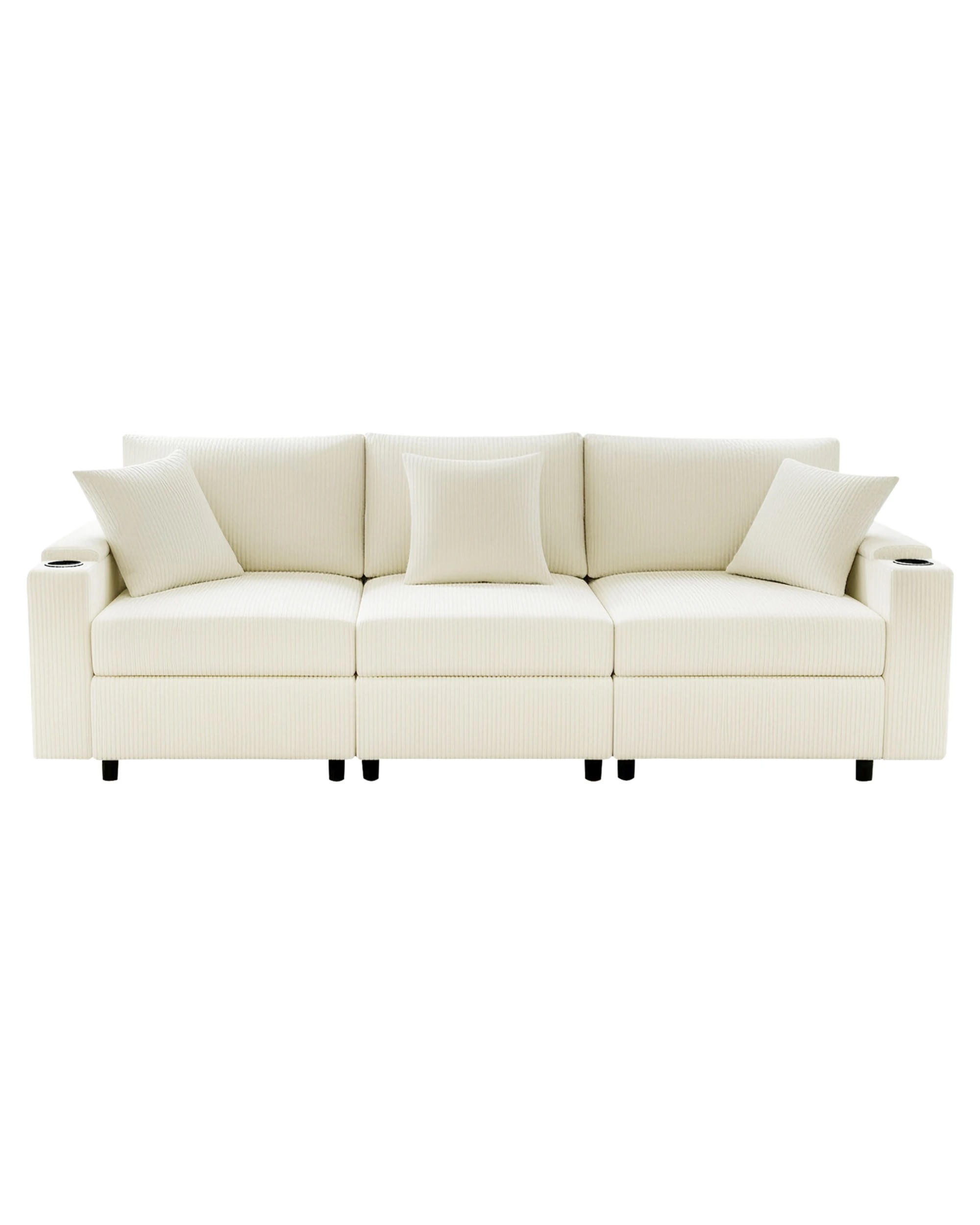 1 Advwin Sofa 256cm Corduroy Modular Couch with Storage Armrests and Cup Holder - Beige, 1 of 10