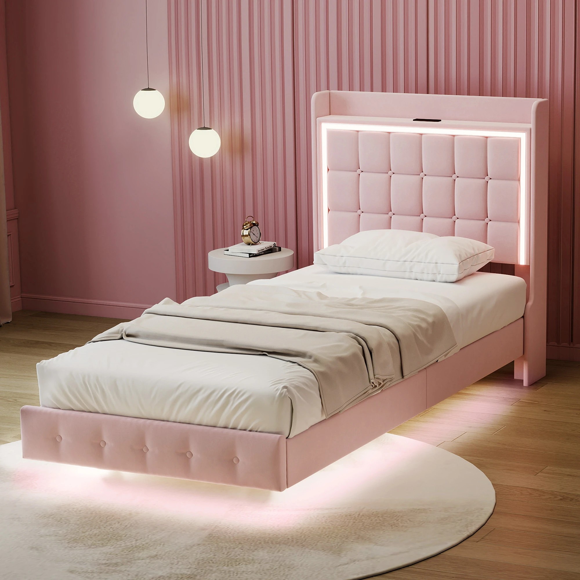 7 Levede Single Bed Frame with LED and Charging Station - Pink, 7 of 9