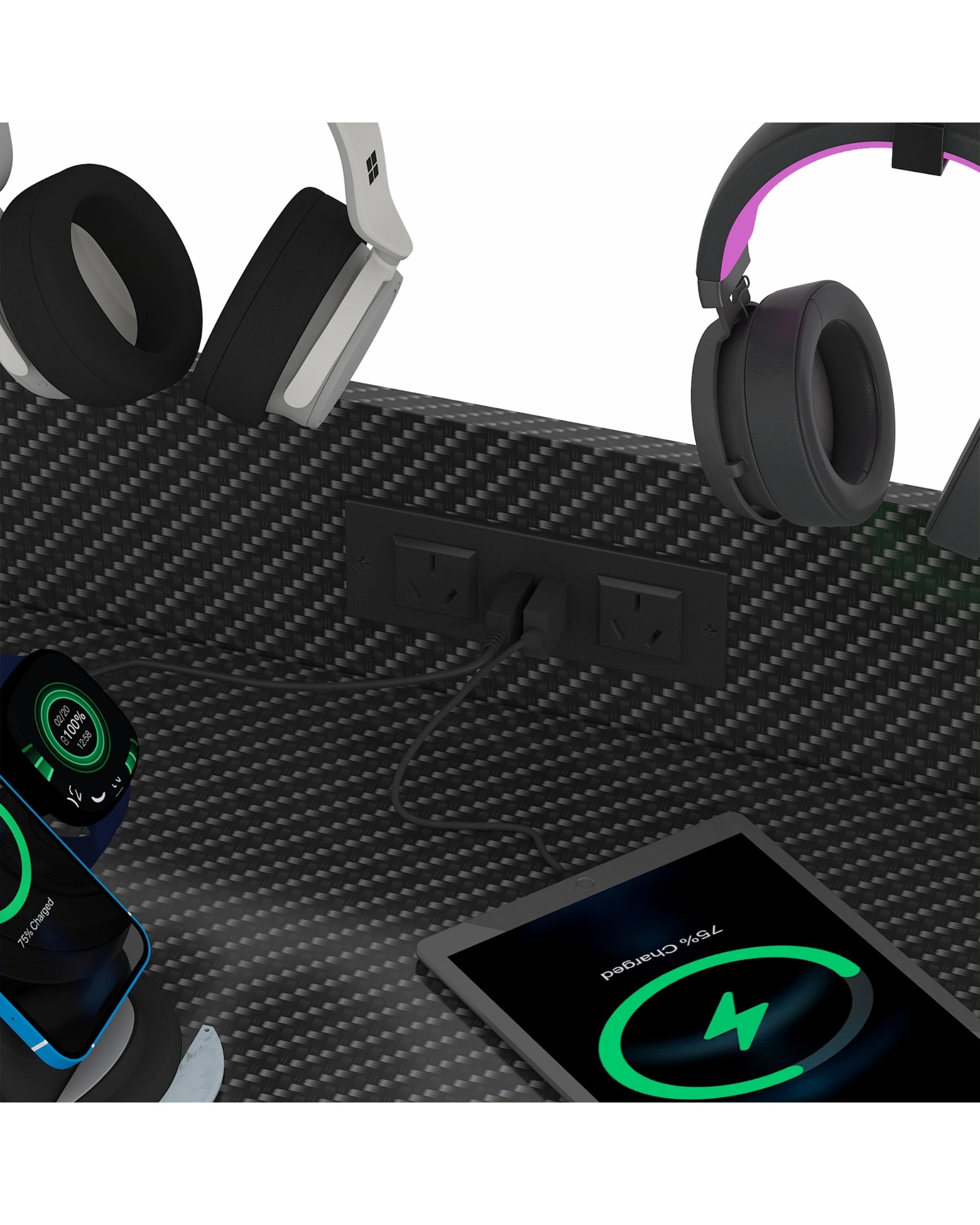 6 Advwin Gaming Desk with LED Lights & Power Outlets Reversible Storage Shelf 120cm Computer Desk with Fabric Drawer, 6 of 10