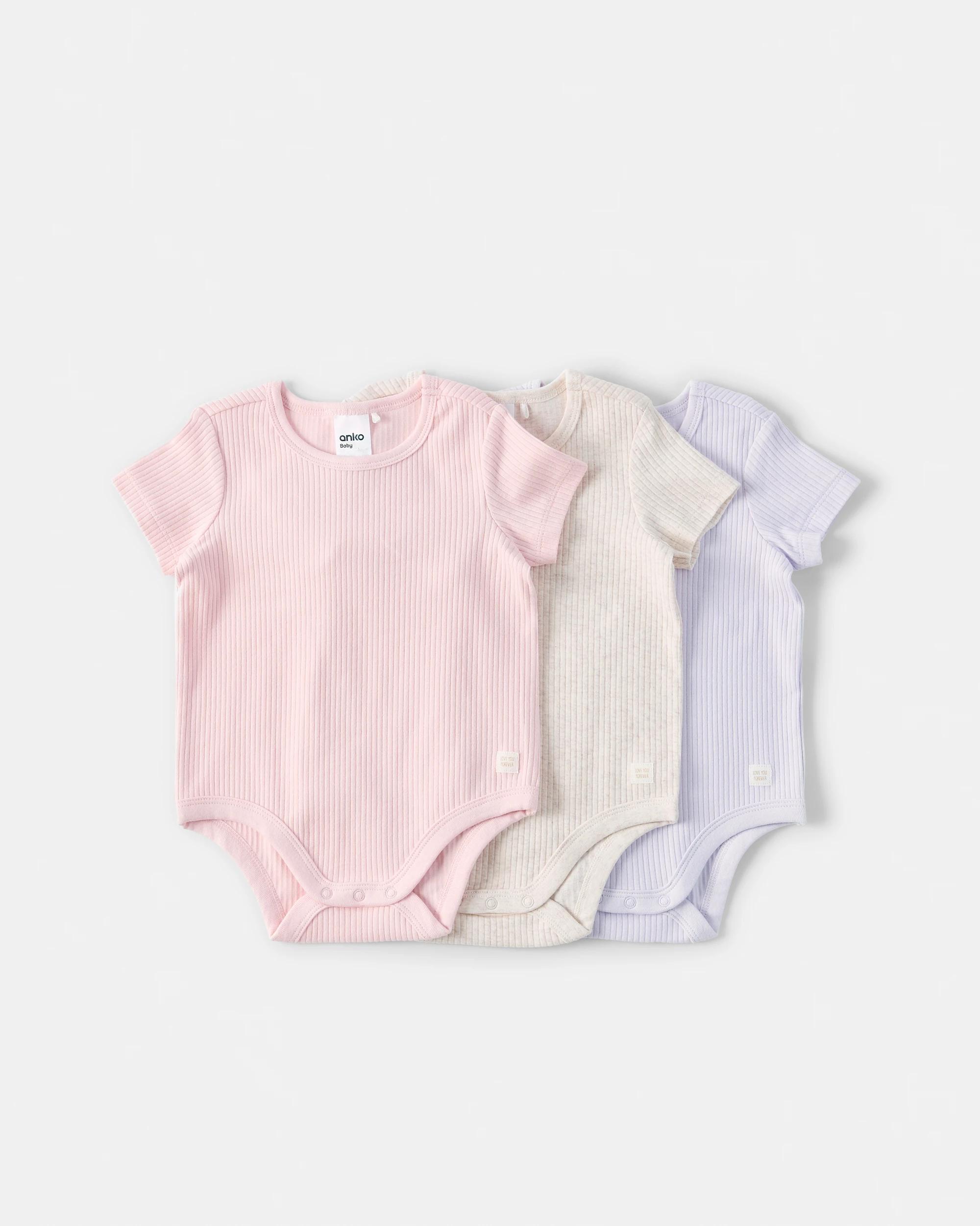 1 3 Pack Cotton Short Sleeve Rib Bodysuits Pnk Mpack, 1 of 8