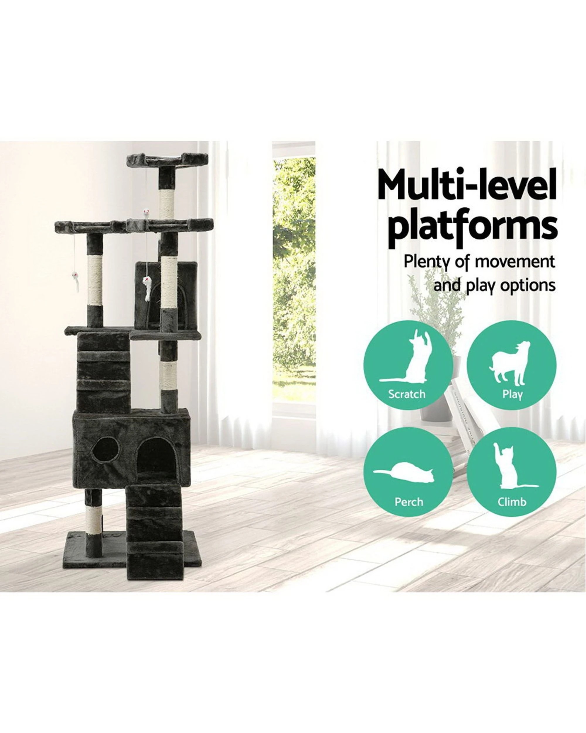 2 i.Pet Cat Tree 180cm Tower Scratching Post Scratcher Wood Condo House Toys - Grey, 2 of 7
