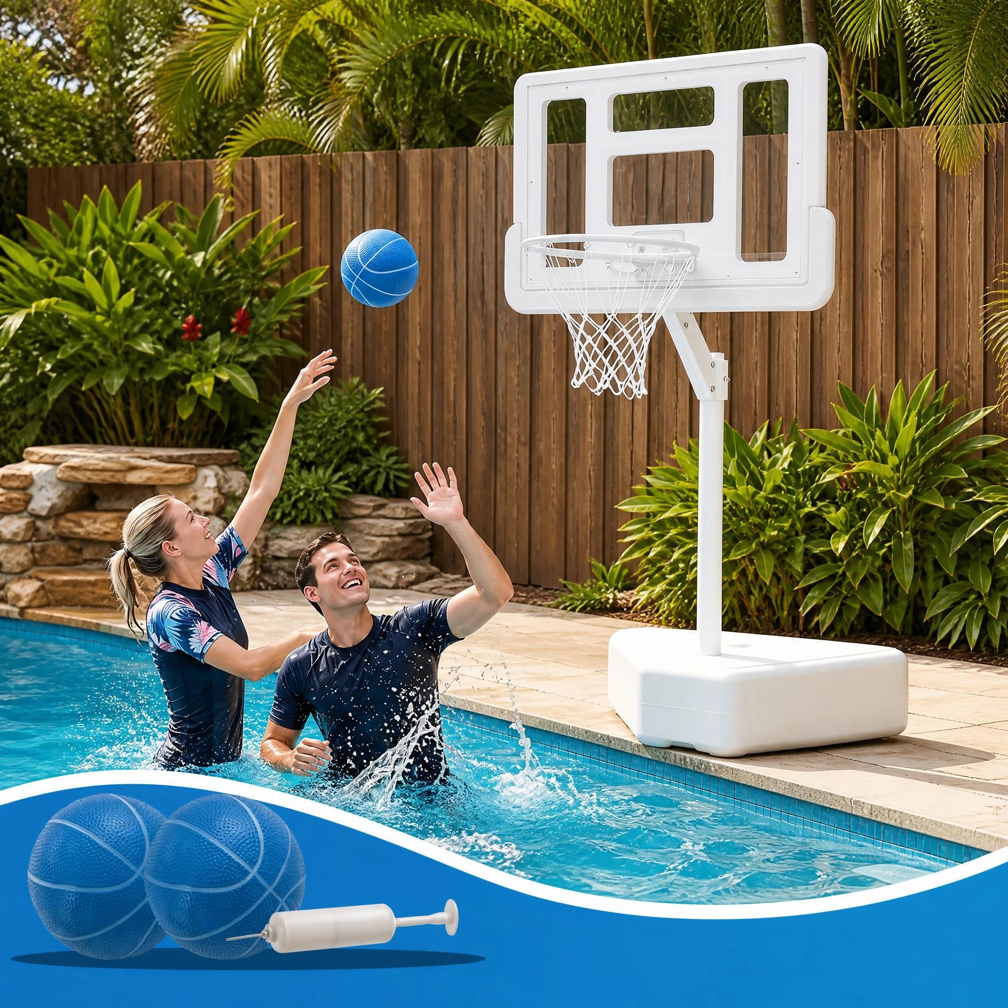 3 Costway Splash & Shoot Pool Basketball Hoop 116.5-180cm Portable Swimming Pool Goal w/2 Water Ball - White, 3 of 7
