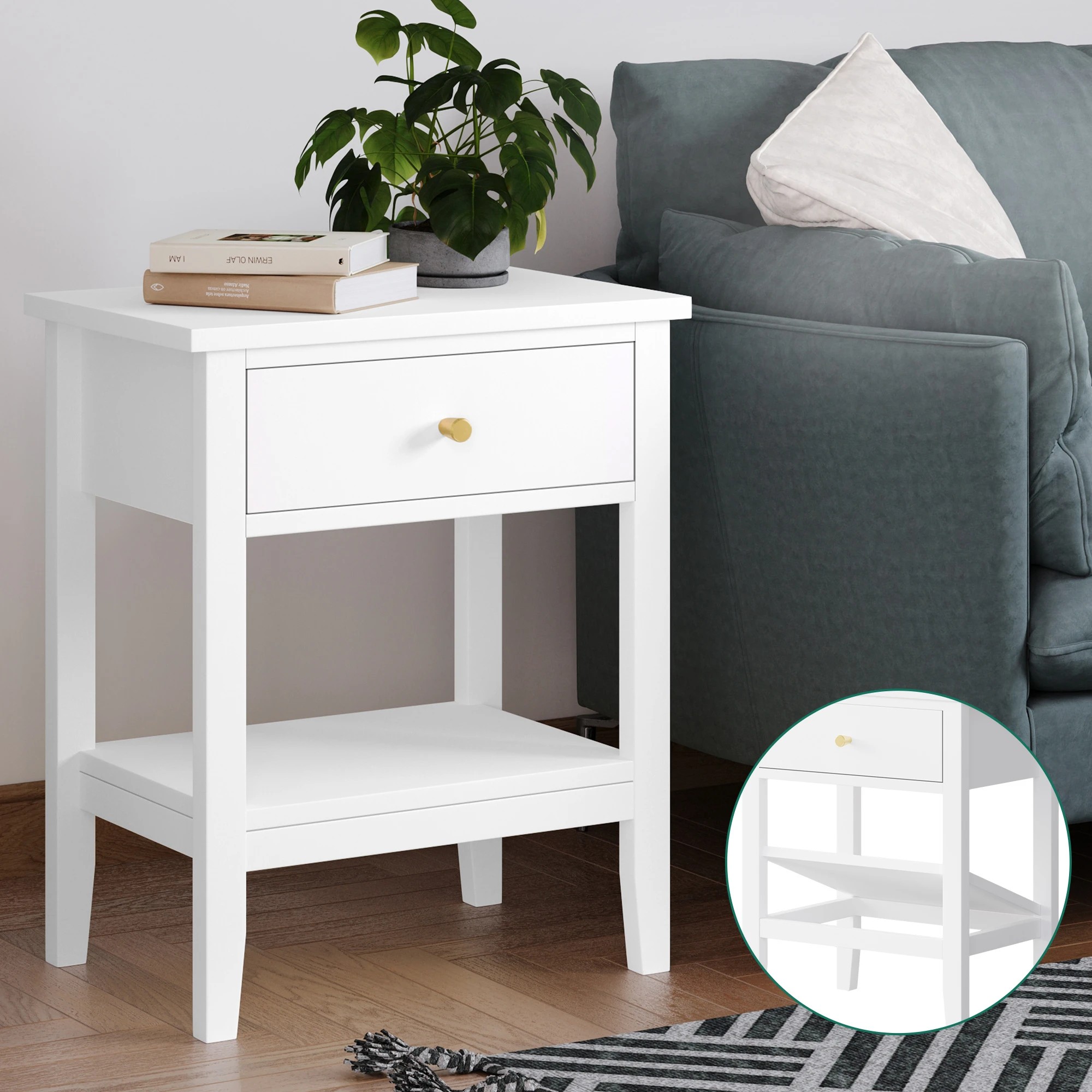 9 Alfordson Bedside Table Hamptons Nightstand Storage Side End 1 Drawer - White, 9 of 10