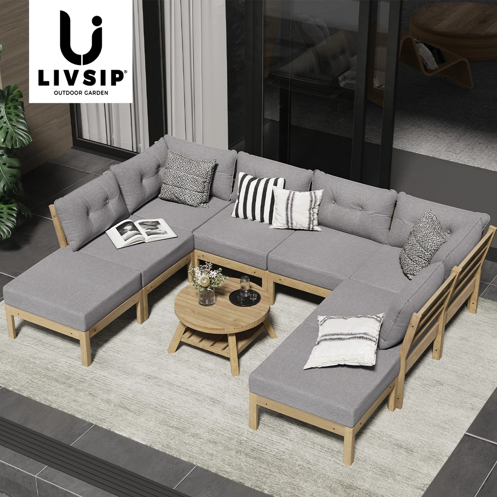 7 Livsip 9PCS Outdoor Sofa Set Lounge Setting Patio Furniture - Grey, 7 of 10