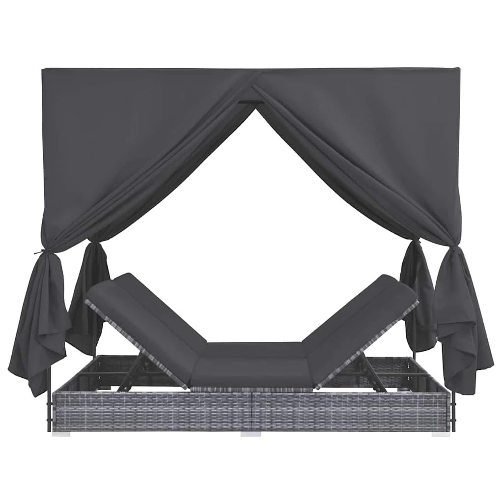 2 vidaXL Outdoor Lounge Bed With Curtains Poly Rattan - Grey, 2 of 6