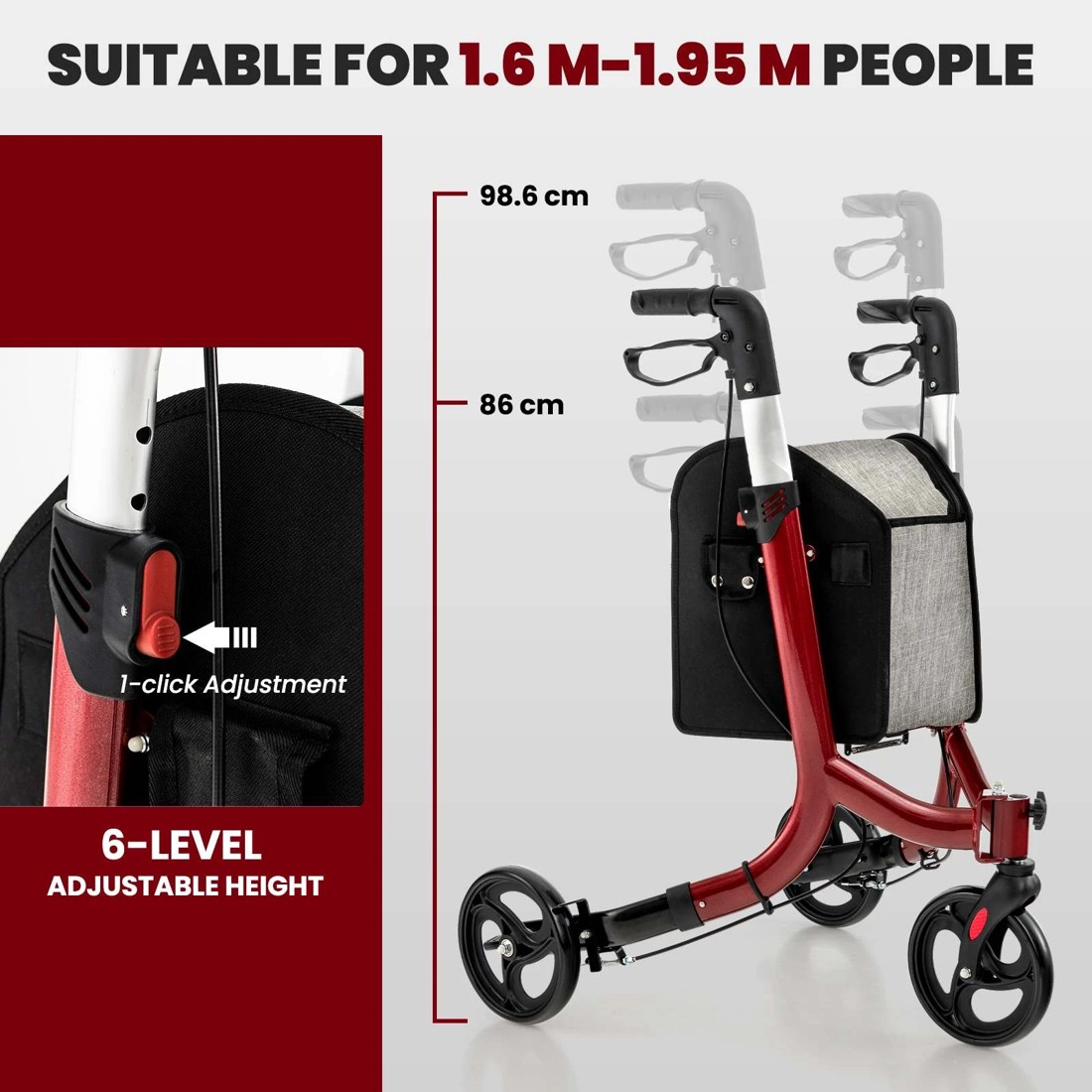 2 Costway Foldable Rollator Aluminum Adjustable Mobility Walker w/ Storage Bag - Red, 2 of 10