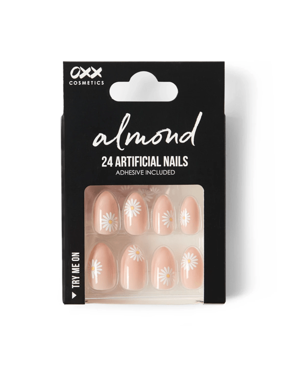 OXX Cosmetics 24 Pack Artificial Nails with Adhesive - Almond Shape, Daisy
