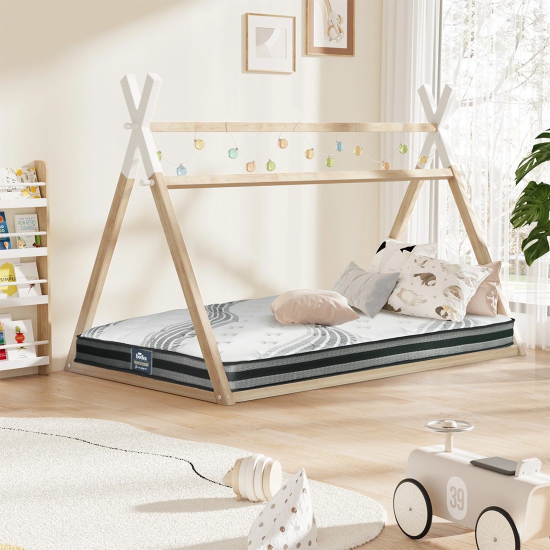 9 Oikiture King Single Kids Bed Frame Mattress Set Wooden Timber Teepee House Beds
 - Multi, 9 of 10