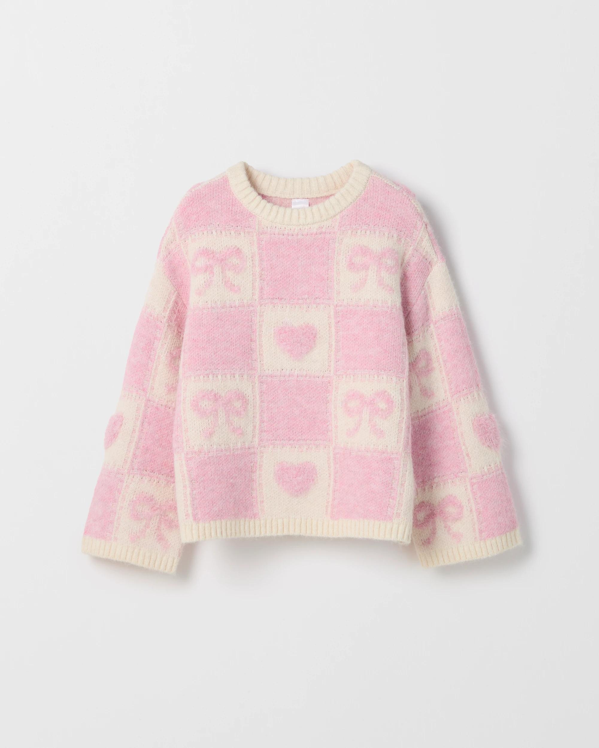 1 Target Kids Checkerboard Knit Sweater BOWS PINK, 1 of 1