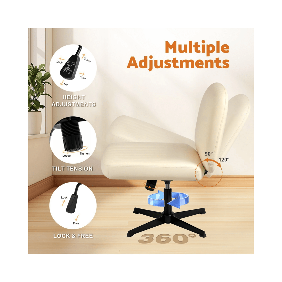 5 Advwin Armless Office Chair Criss-cross  Chair Pu Leather  Ergonomic Computer Chair No Wheel Beige, 5 of 9