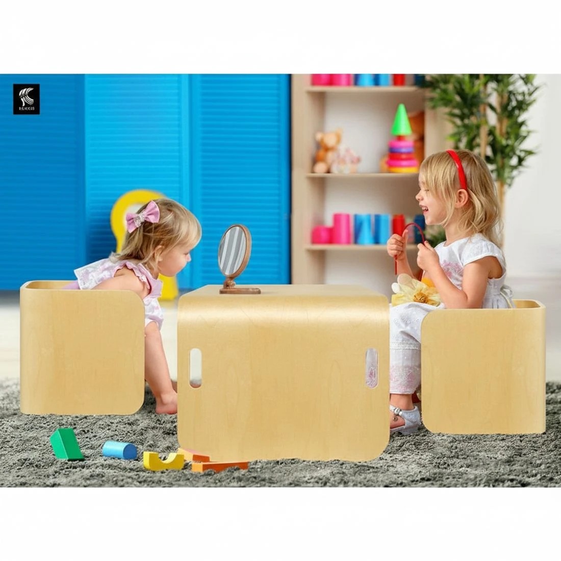6 Keezi 3pcs Kids Table and Chairs Set Multifunctional Storage Desk Organizer Easy Clean Playroom Study Craft - Brown, 6 of 8