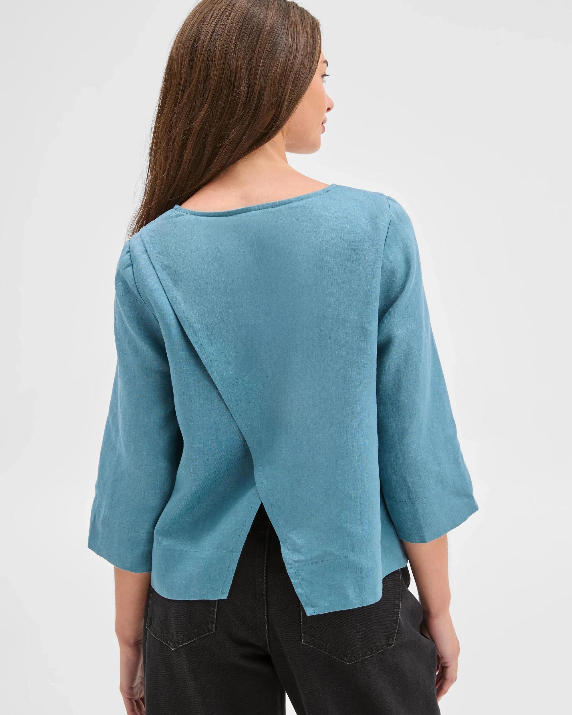 5 Target Petites Petites European Linen 3/4 Sleeve Cross Back Top SEA TEAL, 5 of 5