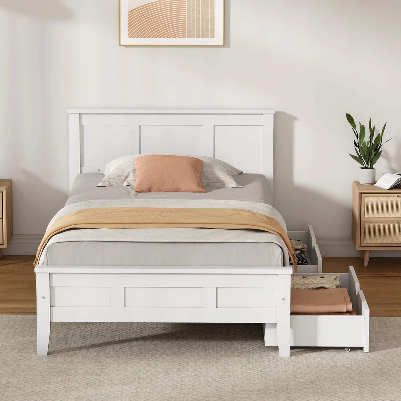 4 Oikiture King Single Wooden Bed Frame Platform with Headboard 2 Storage Drawers - White, 4 of 10