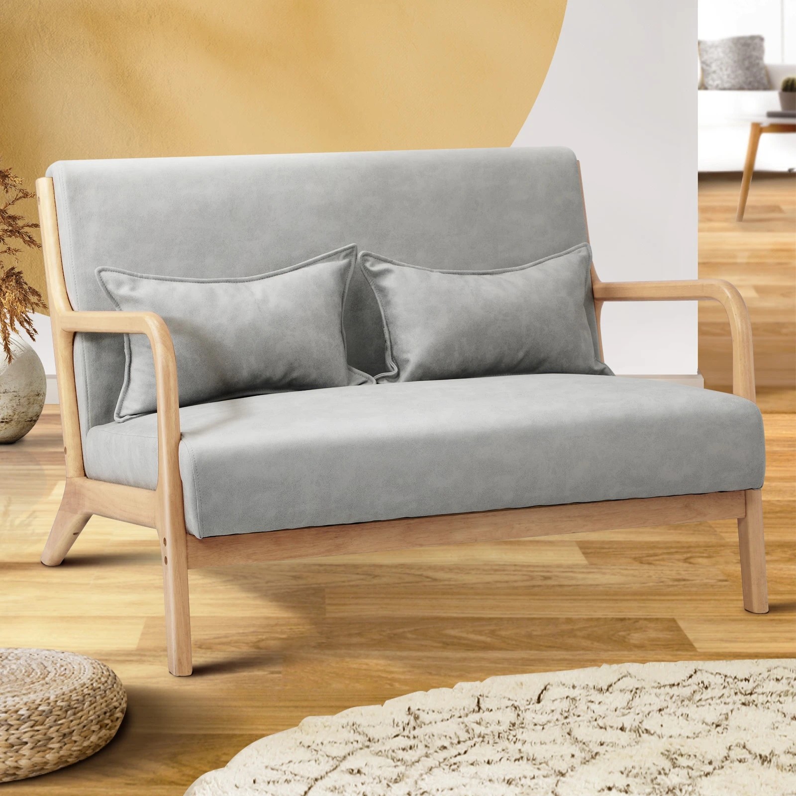 2 Oikiture Armchair Lounge Chair 2 Seater Accent Couch Sofa Fabric  Pillows
 - Grey, 2 of 10