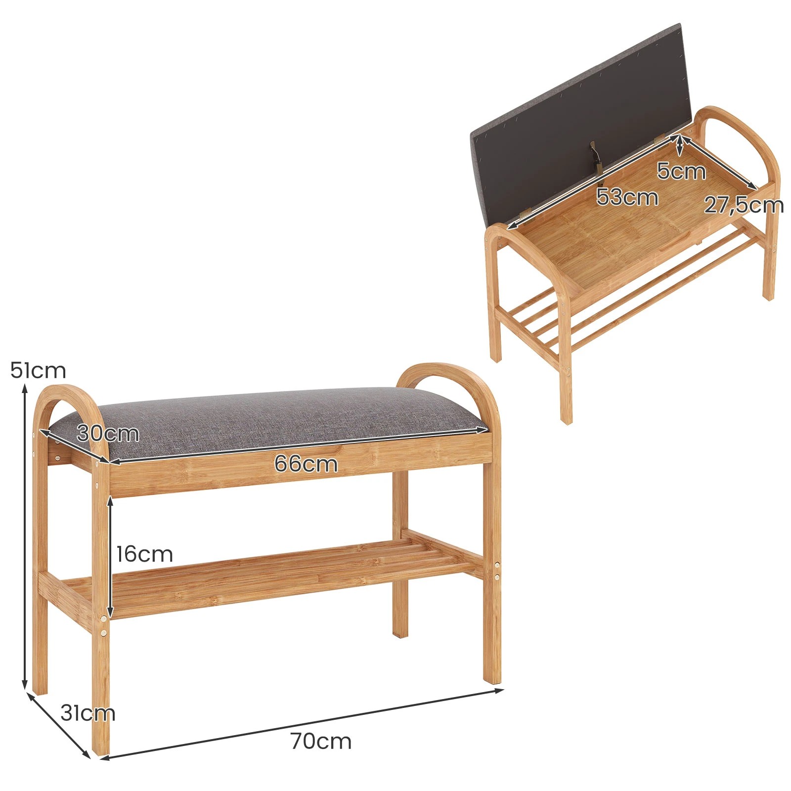 1 Costway Bamboo Shoe Storage Bench Entryway Shoe Rack Shelf Compact Shoe Organizer Padded Seat, 1 of 1