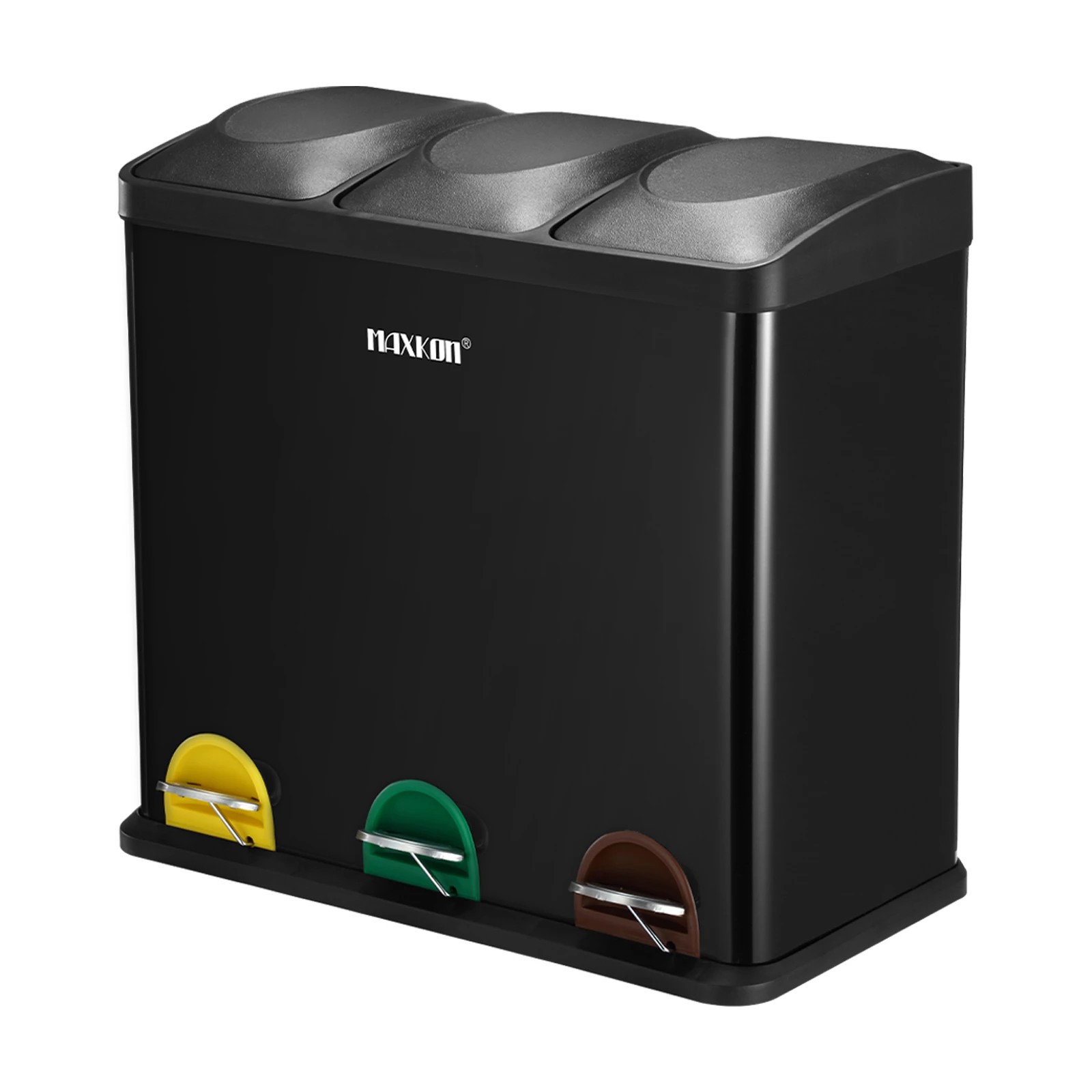 1 Maxkon 54L Rubbish Bin Triple Compartment Pedal Recycling Kitchen Waste Garbage Household Stepbin Coated Steel Black, 1 of 6