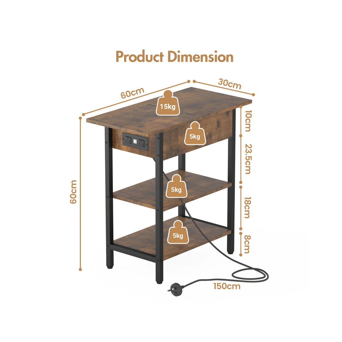 2 Advwin Side Table Flip Top Sofa End Table W/ Charging Station Narrow Bedside Table Walnut, 2 of 8