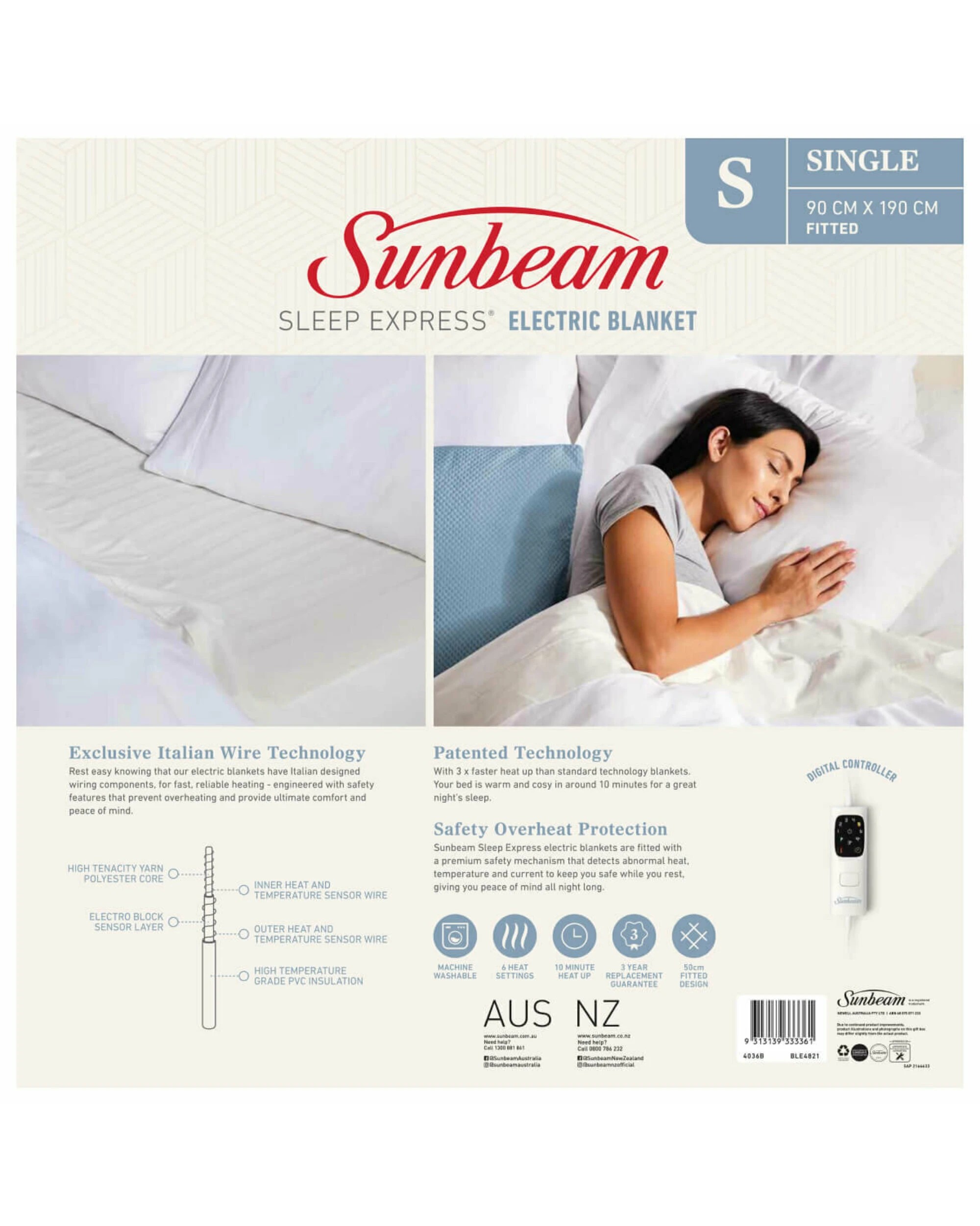 5 Sunbeam Sleep Express Single Fitted Electric Blanket Single - WHITE, 5 of 5