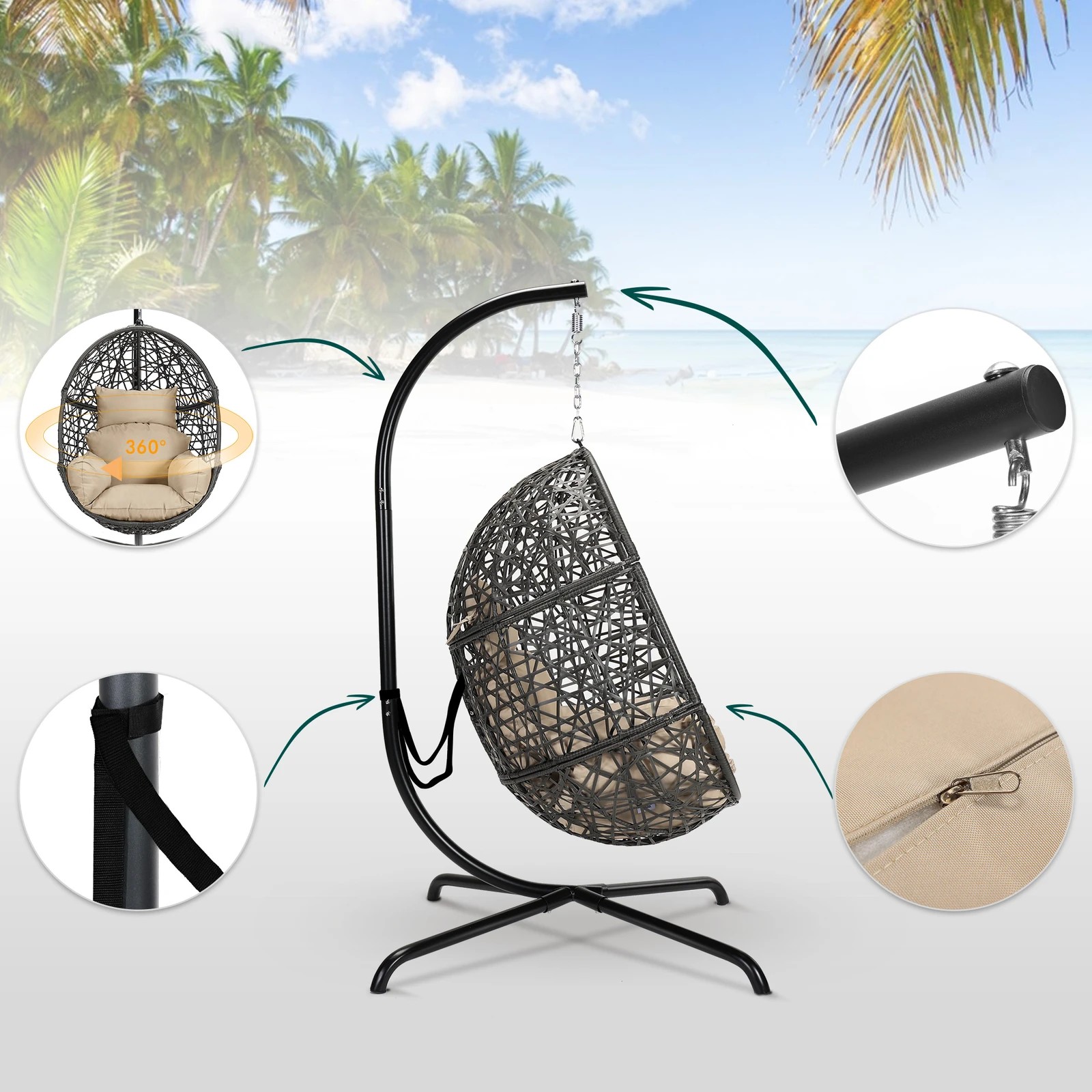 7 Alfordson Outdoor Egg Swing Chair Wicker Rattan Pod Basket Hanging Seat - Beige, 7 of 10