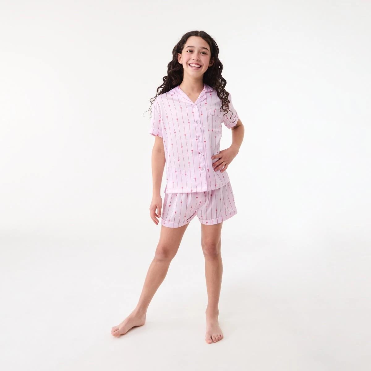 1 Short Sleeve Satin Pyjama Set PINK STRIPE HEARTS, 1 of 6