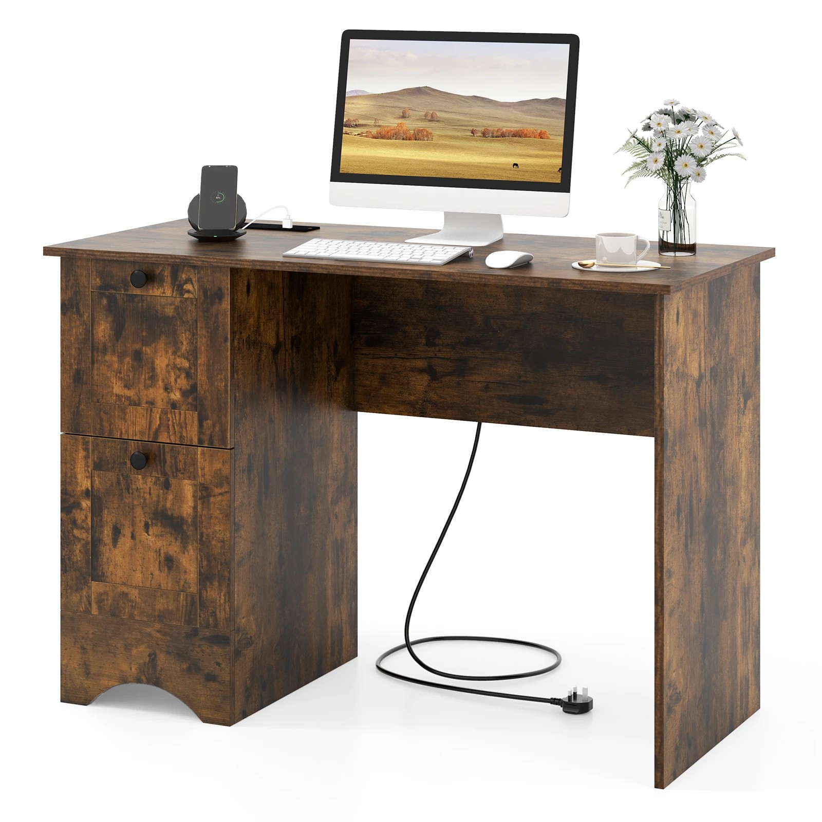 6 Costway Modern Study Writing Workstation Laptop Table Computer Desk w/Drawers - Brown, 6 of 6