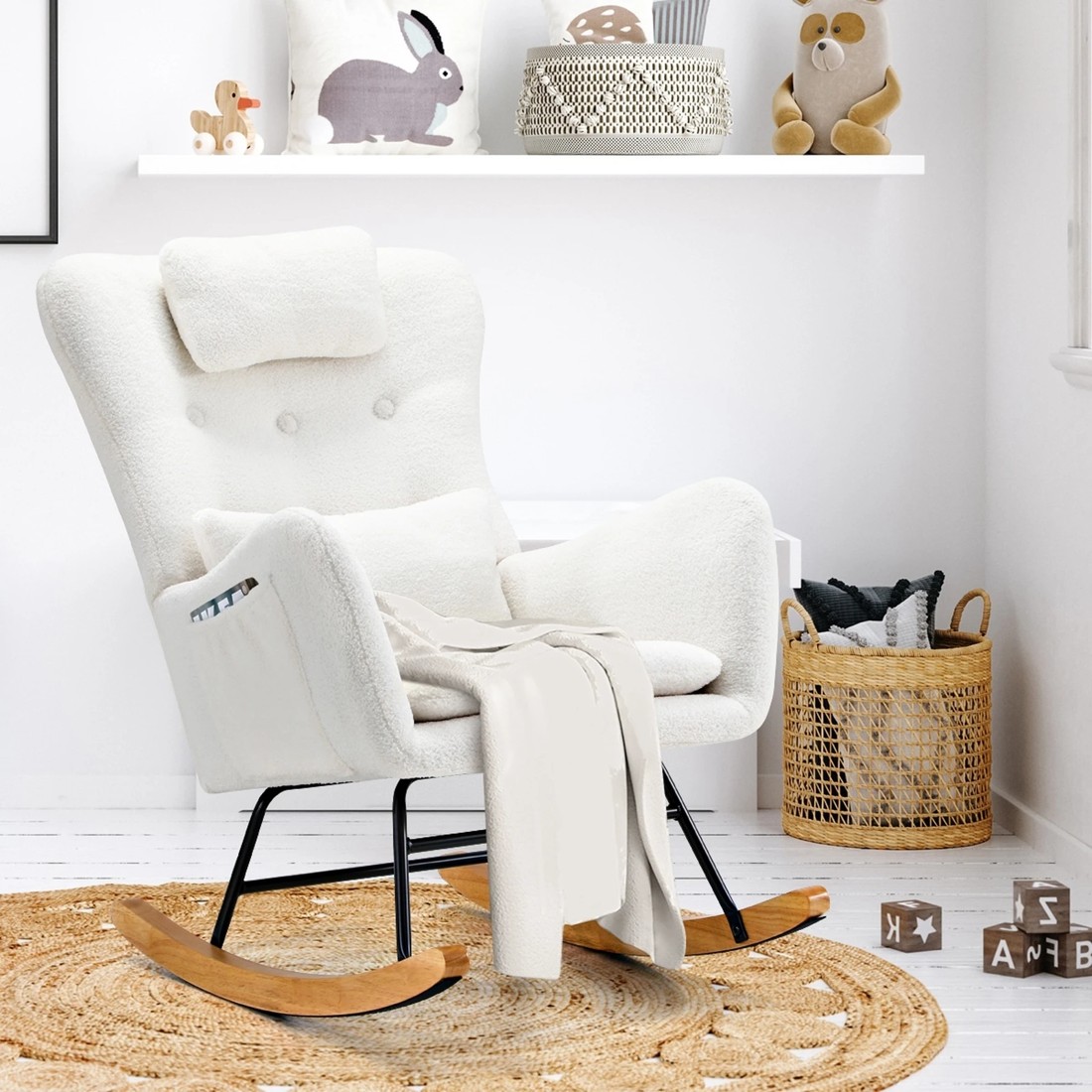 4 Oikiture Rocking Chair Nursing Armchair Sherpa Accent Chairs With 2 Pillow
 - White, 4 of 10