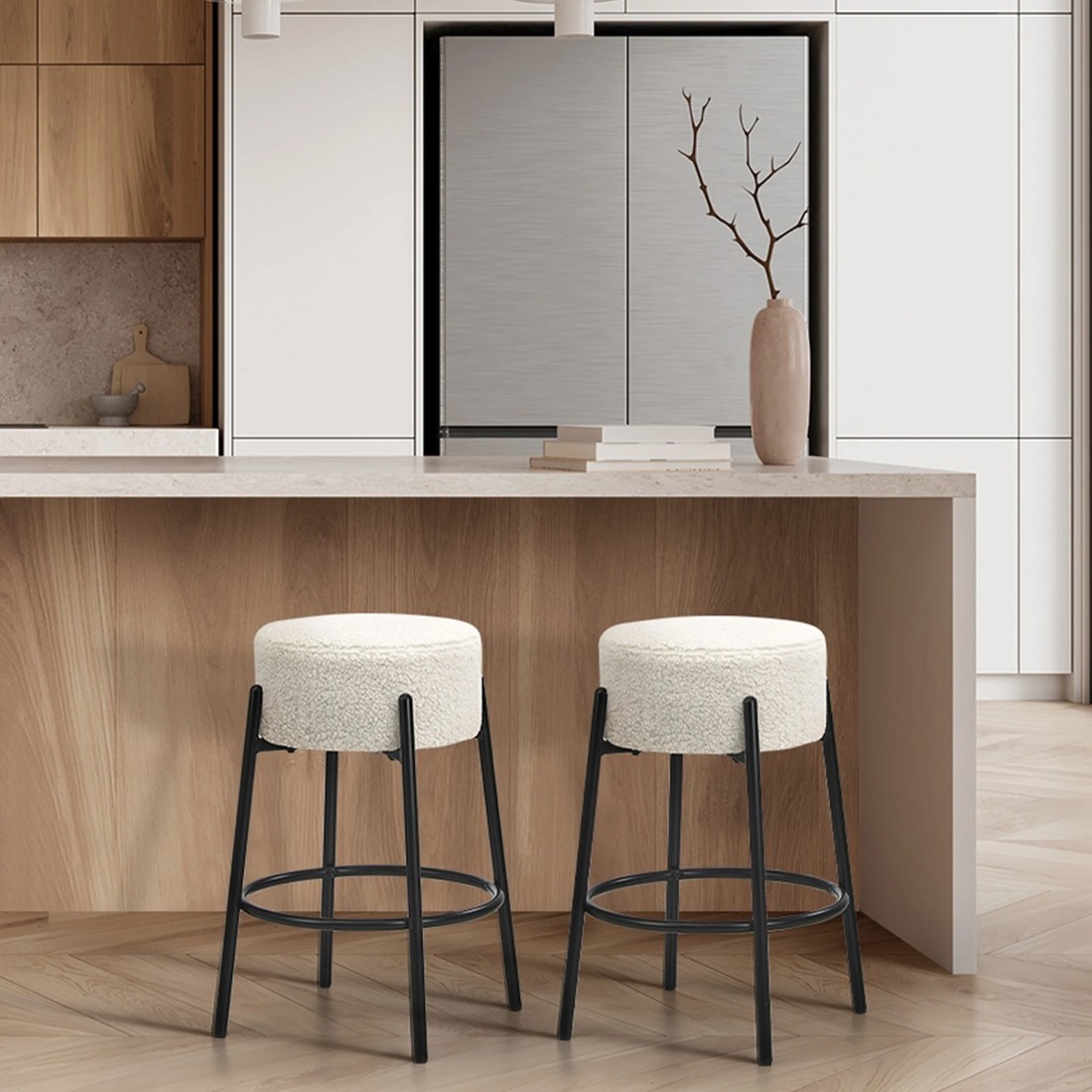 3 Oikiture 2x Bar Stools Kitchen Dining Chair Round Stool Boucle Fabric
 - White, 3 of 10