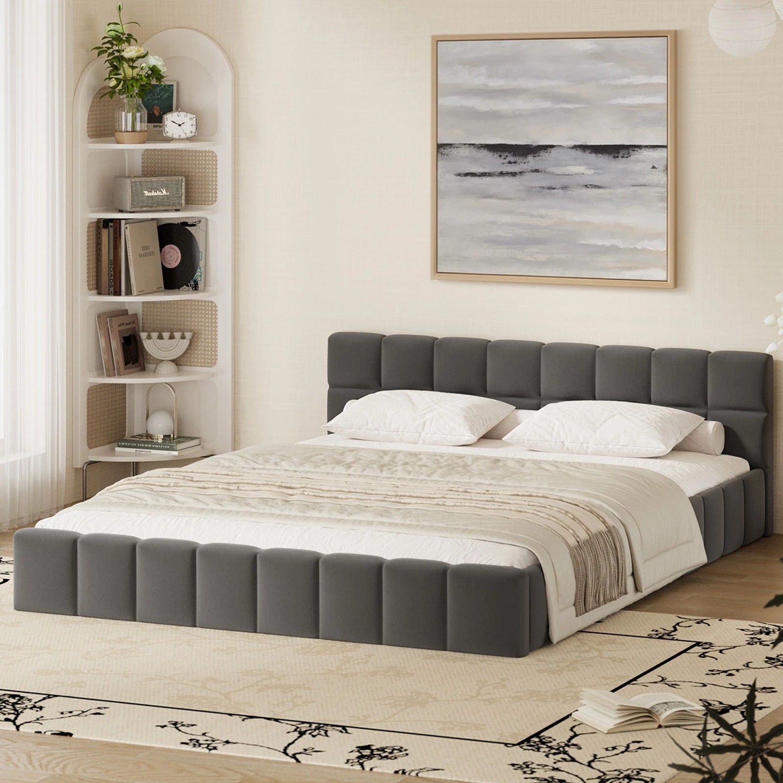 3 Oikiture Bed Frame Queen Size Tufted Headboard Velvet - Grey, 3 of 7