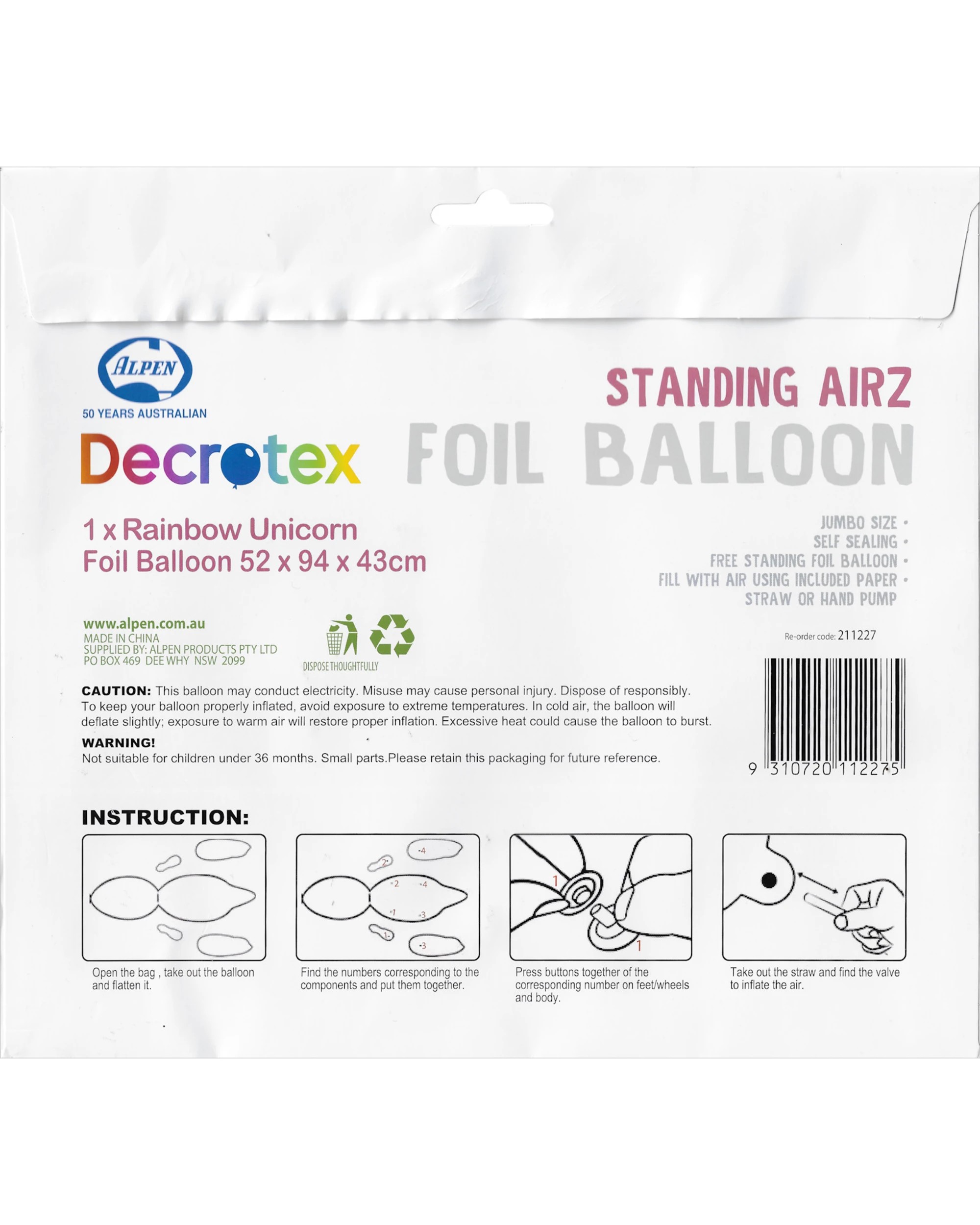 3 Standing Airz Rainbow Unicorn Air Fill Foil Balloon (94cm), 3 of 3