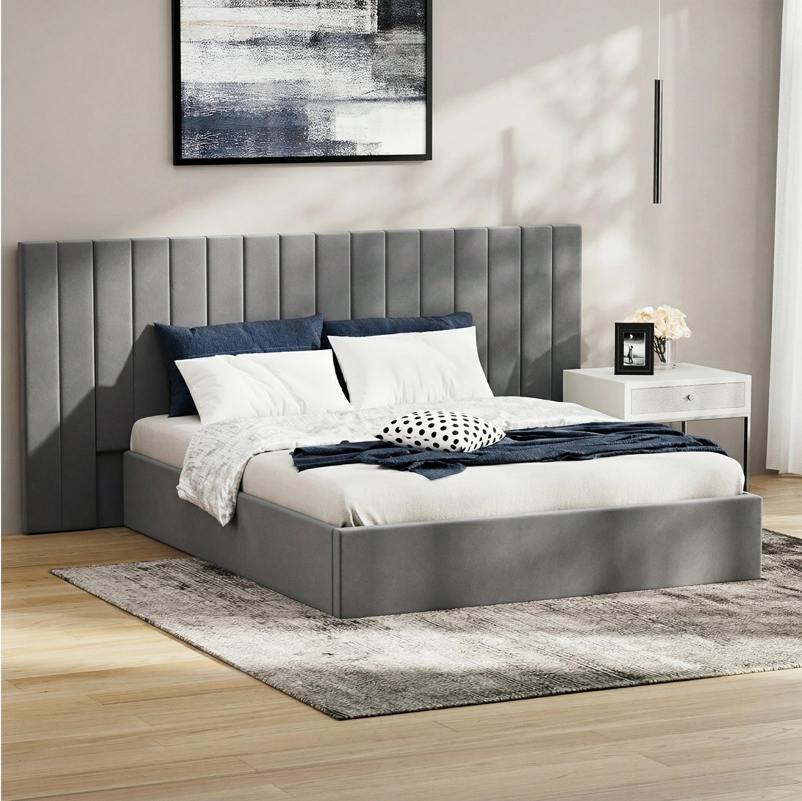 3 Oikiture Queen Bed Frame Gas Lift Base With Storage Oversized Headboard - Grey, 3 of 7