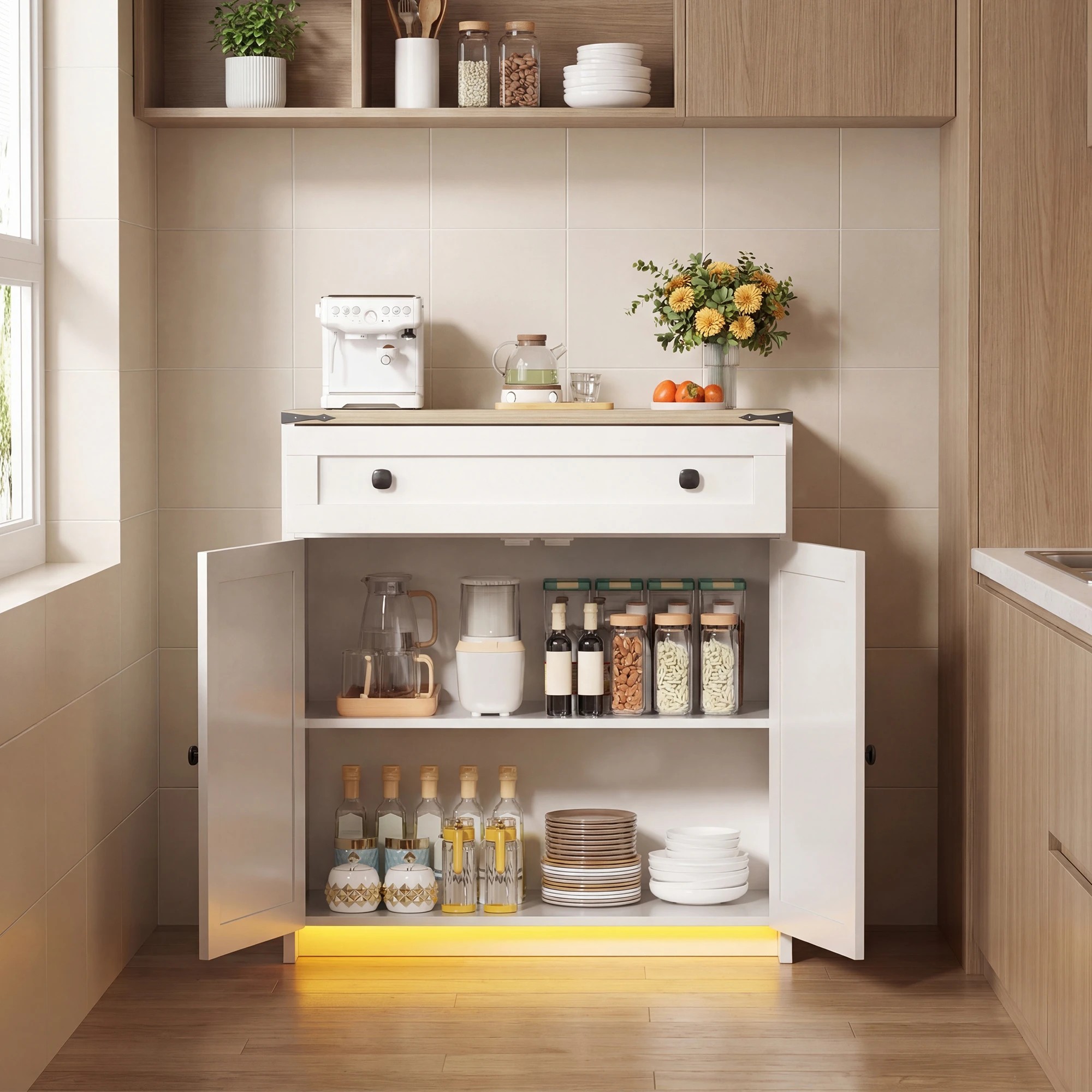 8 Advwin LED Farmhouse Sideboard Buffet Cabinet with 1 Drawer 2 Barn Doors - White, 8 of 10