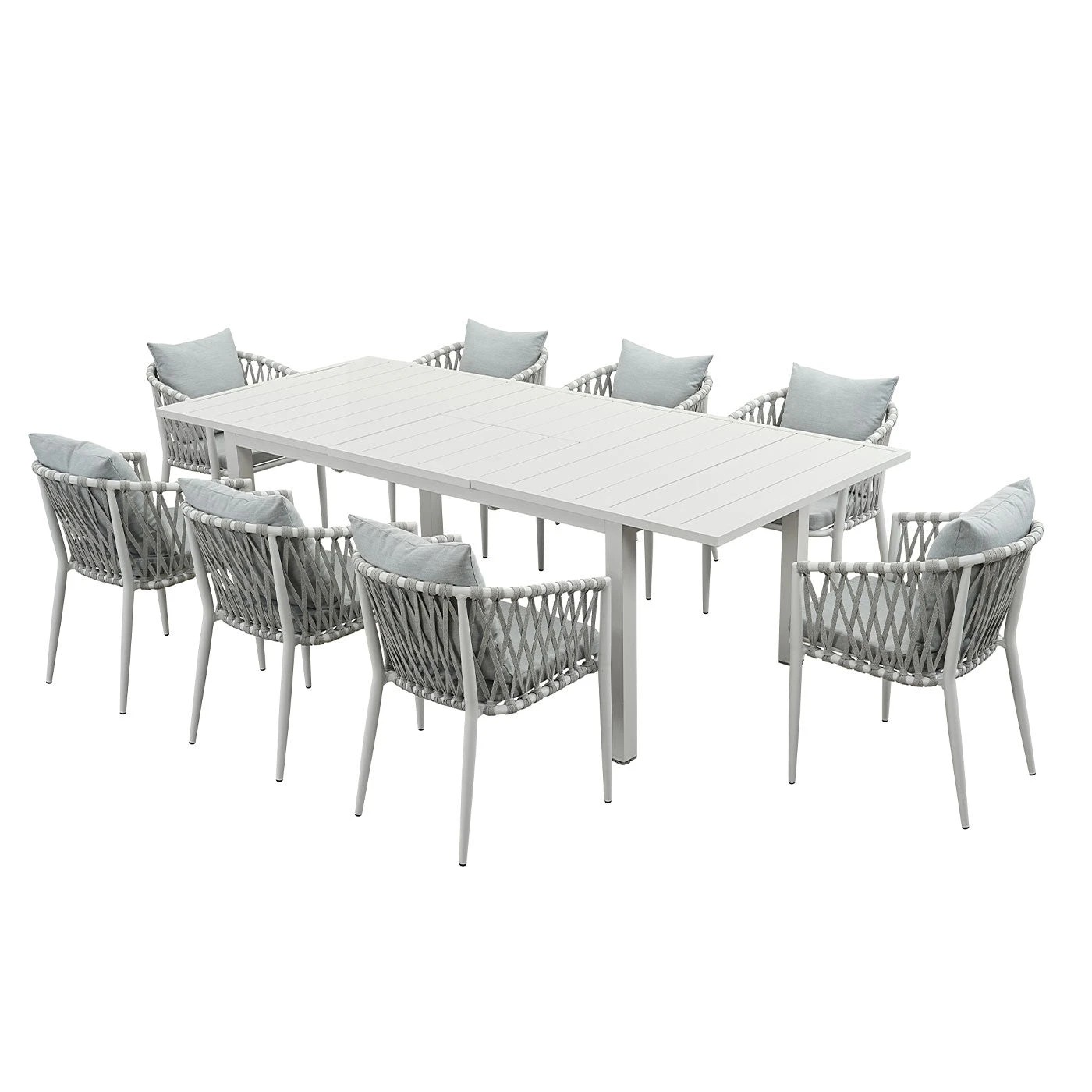 1 Moda Living Mornington 9-Piece White Aluminium Outdoor Dining Set - Light Grey Cushion - White, 1 of 10