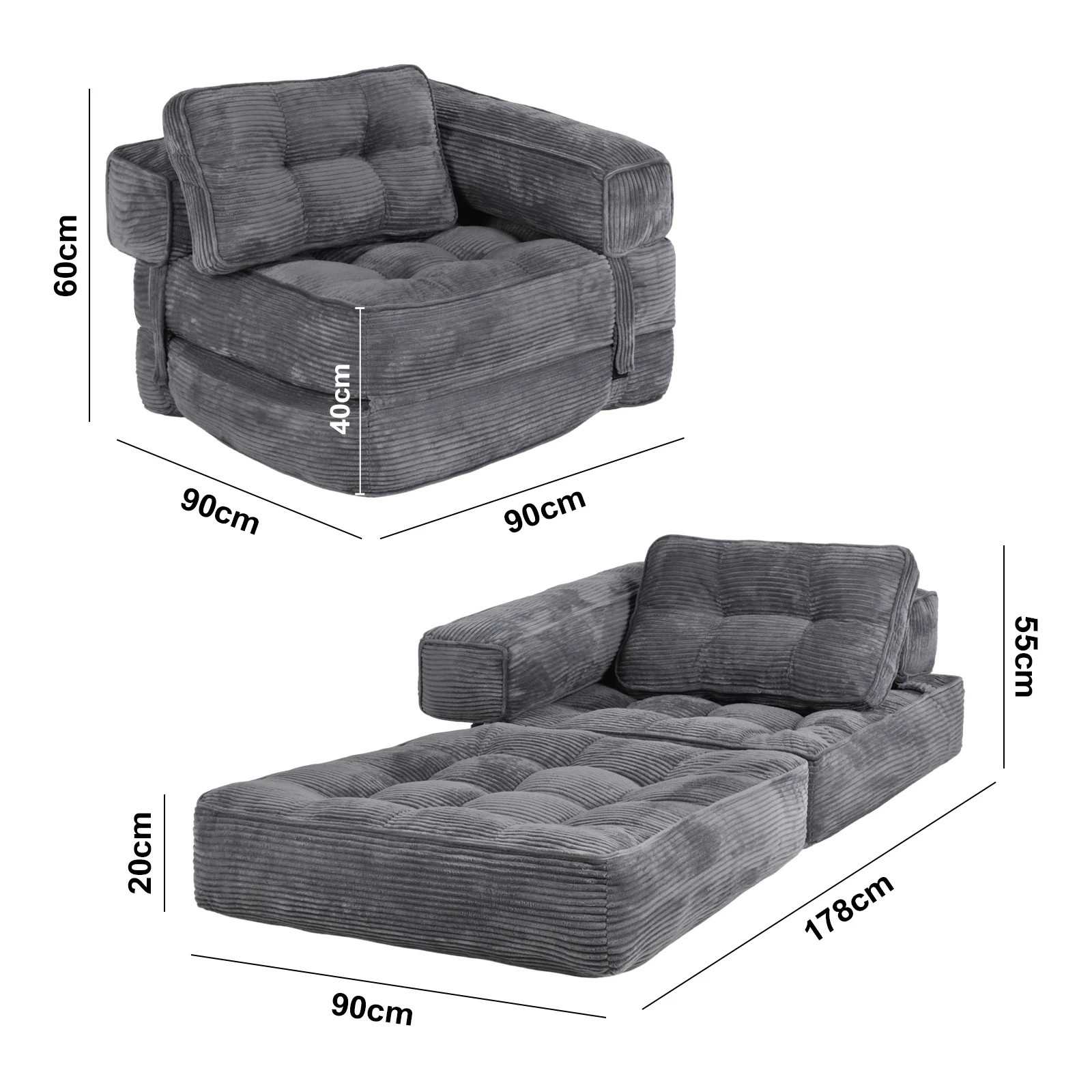 2 Advwin Folding Sofa Bed 3-in-1 Convertible Sleeper Chair with L-Shaped Armrest & Pillow Lazy Floor Sofa - Grey, 2 of 4