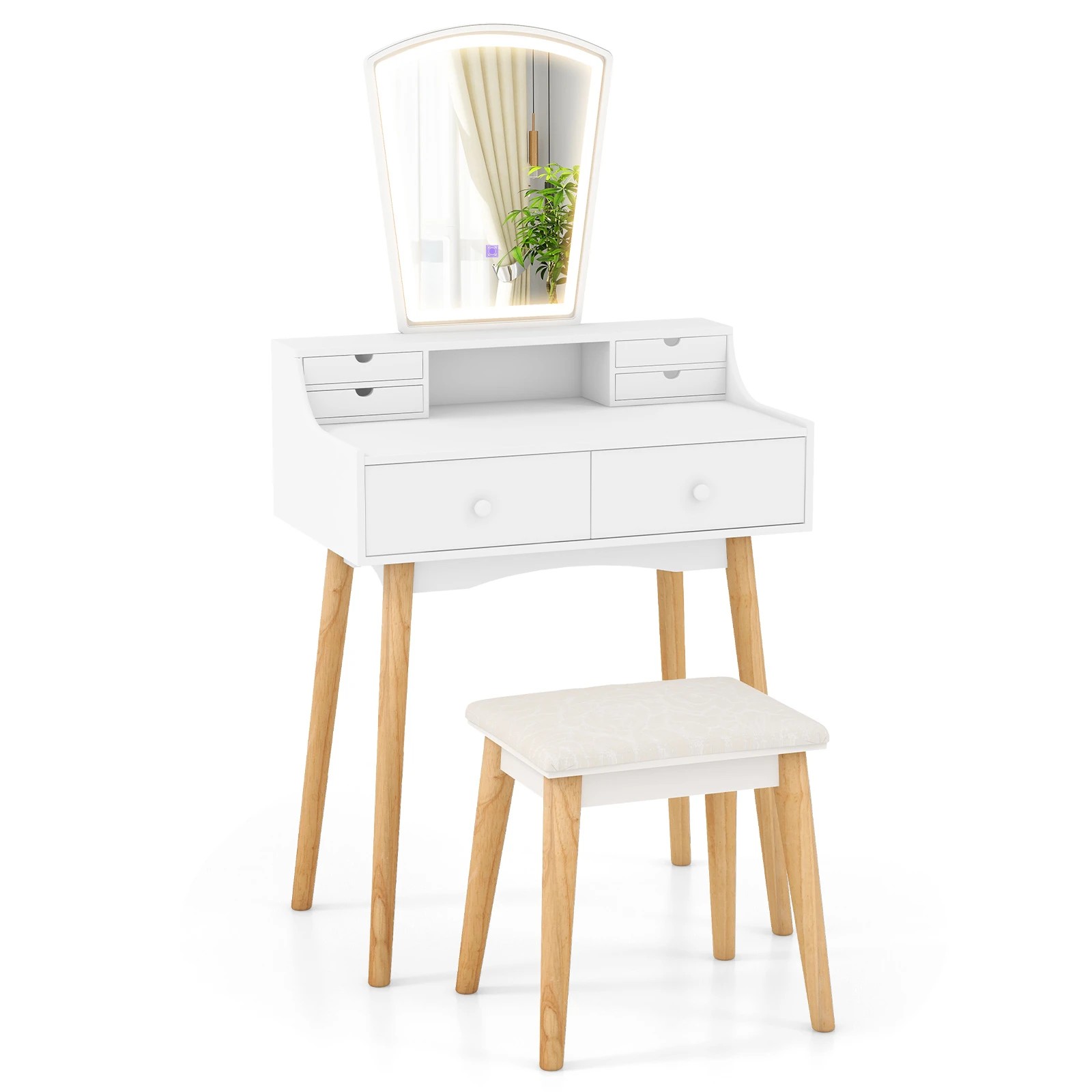 1 Costway Vanity Table Set Wood Dressing Vanity Table Set w/Mirror & Cushioned Stool, 1 of 4