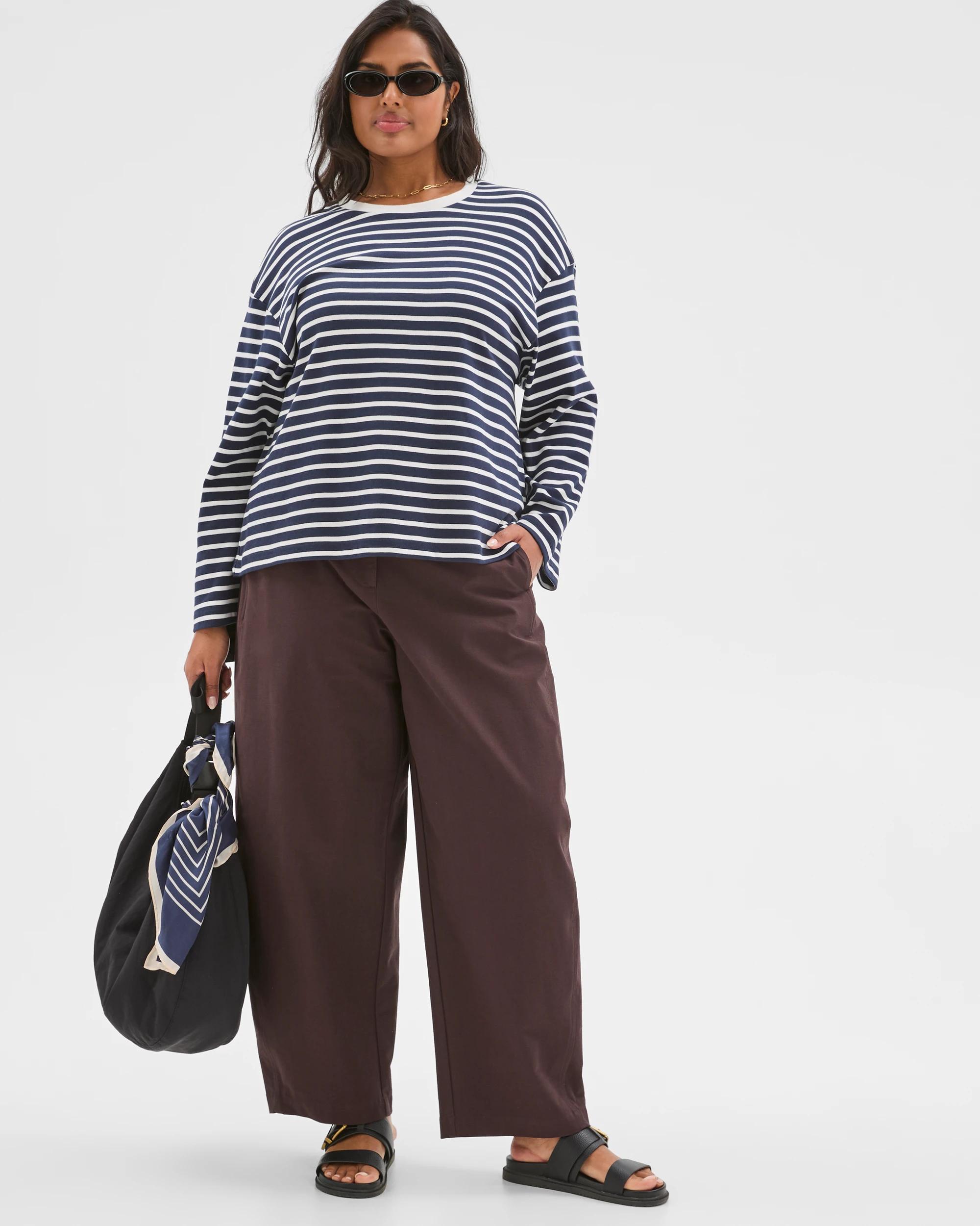 2 Target Curve Plus Size Australian Cotton Long Sleeve Stripe Top NAVY + WHITE, 2 of 7