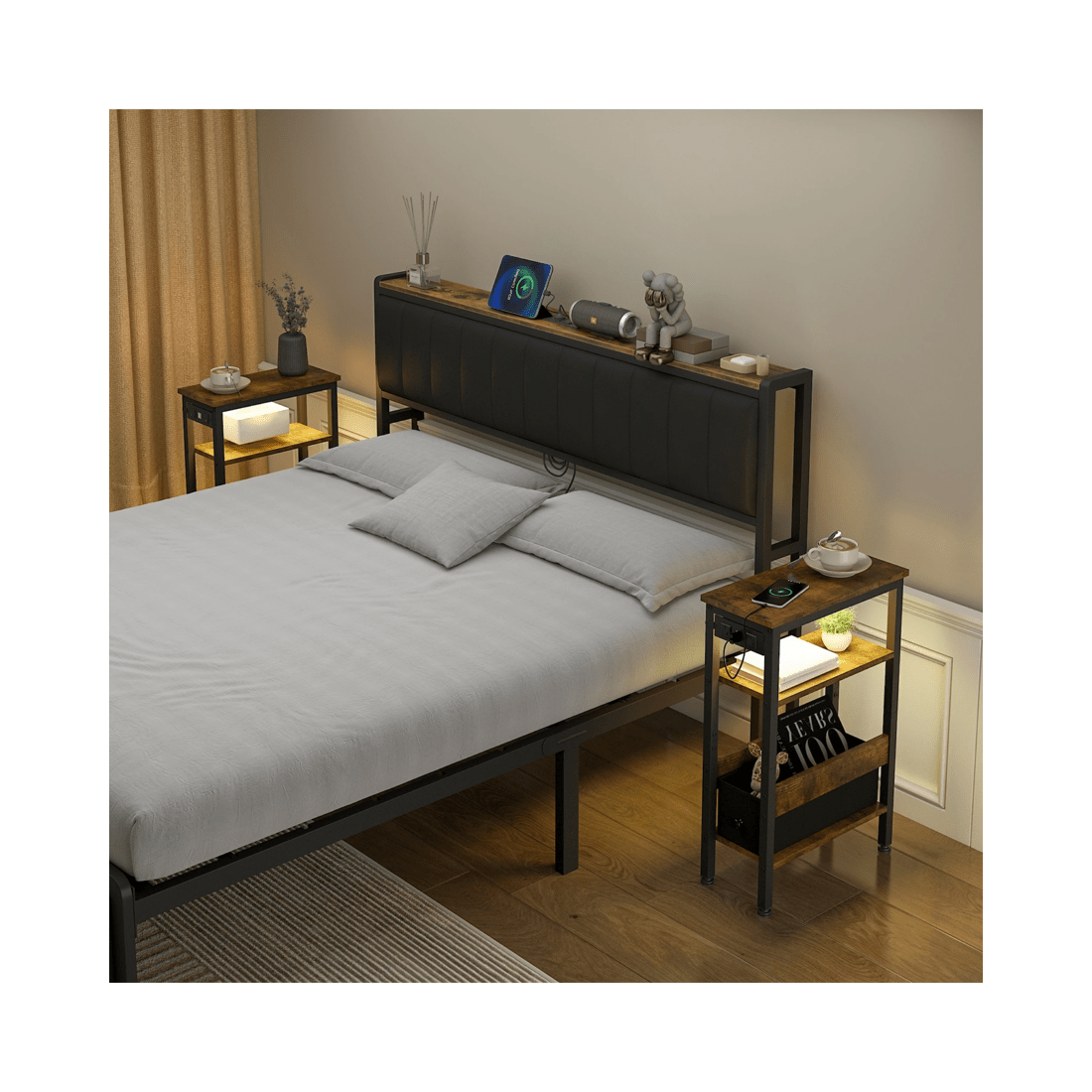 8 Advwin Led Side Table W/ Charging Station Narrow Bedside Table W/ Open Drawer & Open Shelf Walnut, 8 of 8