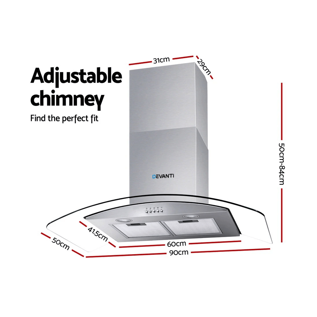 2 Devanti 900mm Range Hood 90cm Rangehood Glass Canopy - Silver, 2 of 2