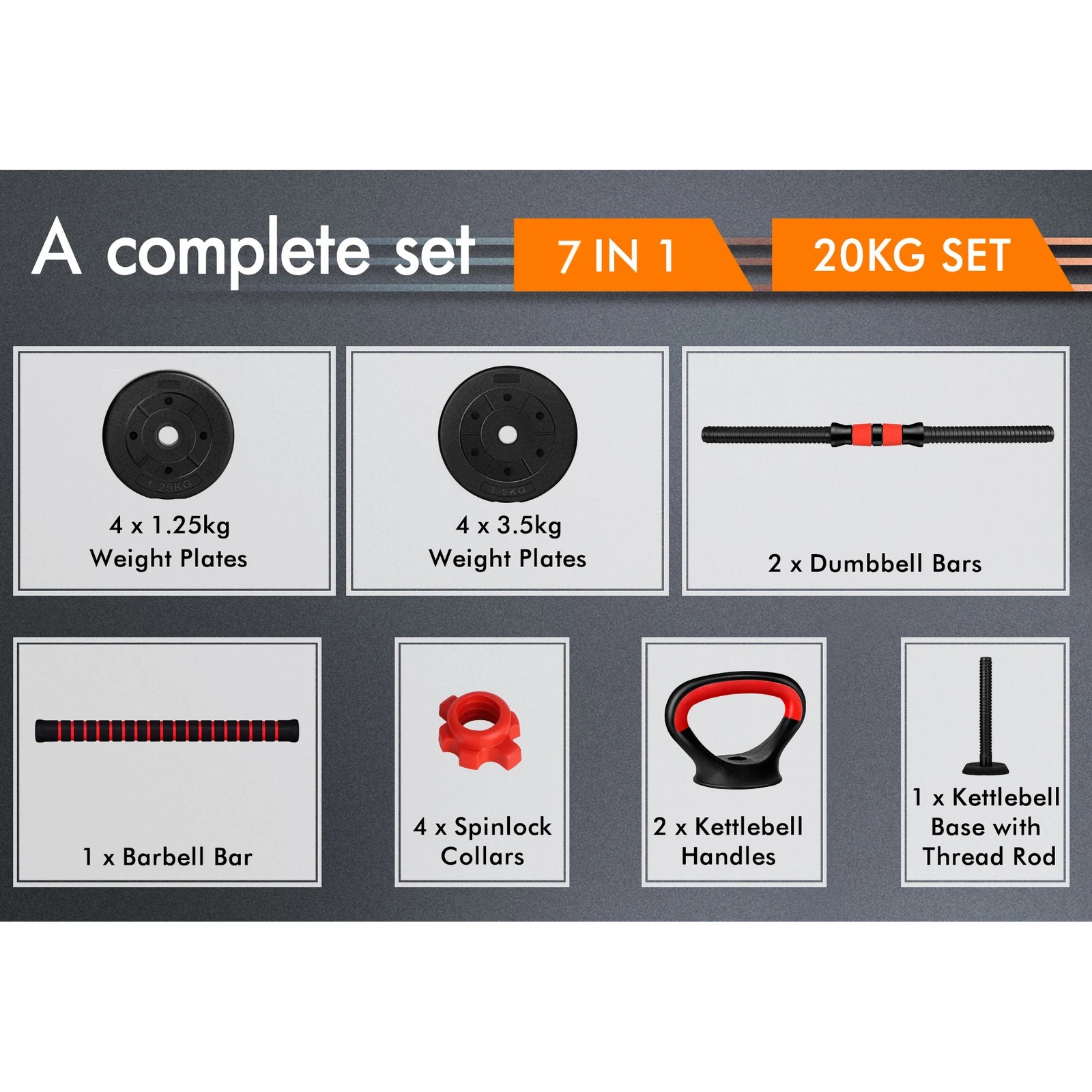 6 Black Lord Dumbbell Set 7in1 Adjustable Barbell Kettlebell Home Gym Fitness 20kg, 6 of 9