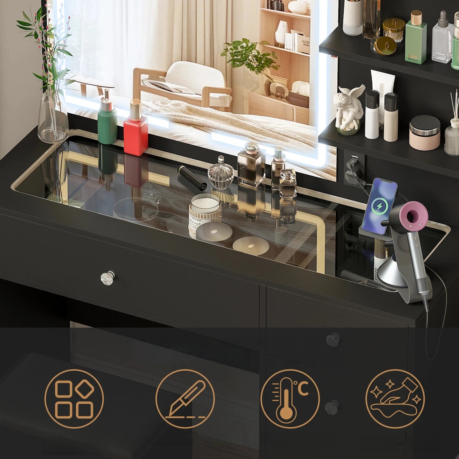 4 Advwin Dressing Table Set LED Light Glass Top - Black, 4 of 6