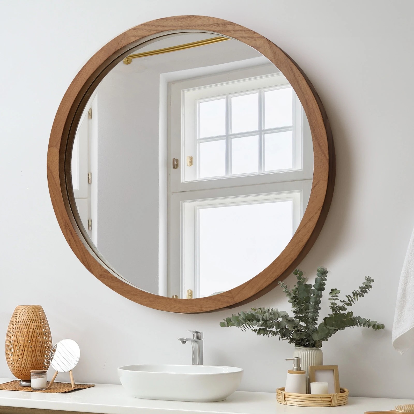3 Oikiture Wall Mirrors 90cm Round Large Makeup Mirror Bathroom Home Decor - Brown, 3 of 7