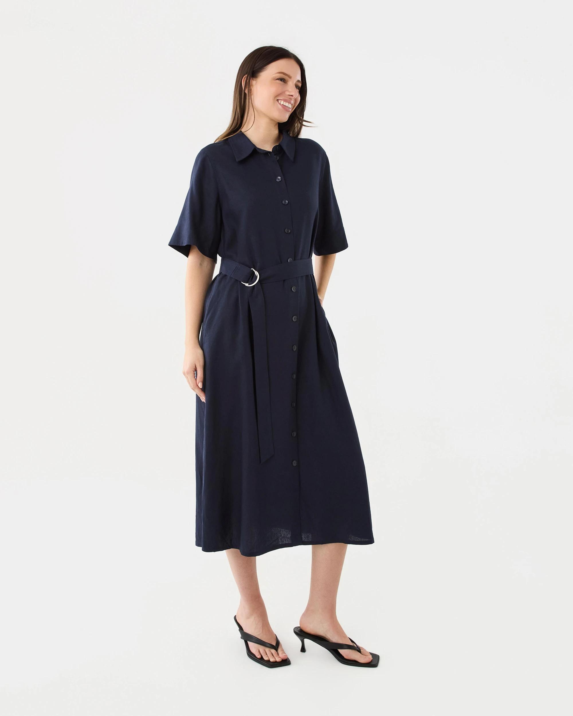 2 Short Sleeve Belted Midi Shirt Dress Navy Blaze, 2 of 8