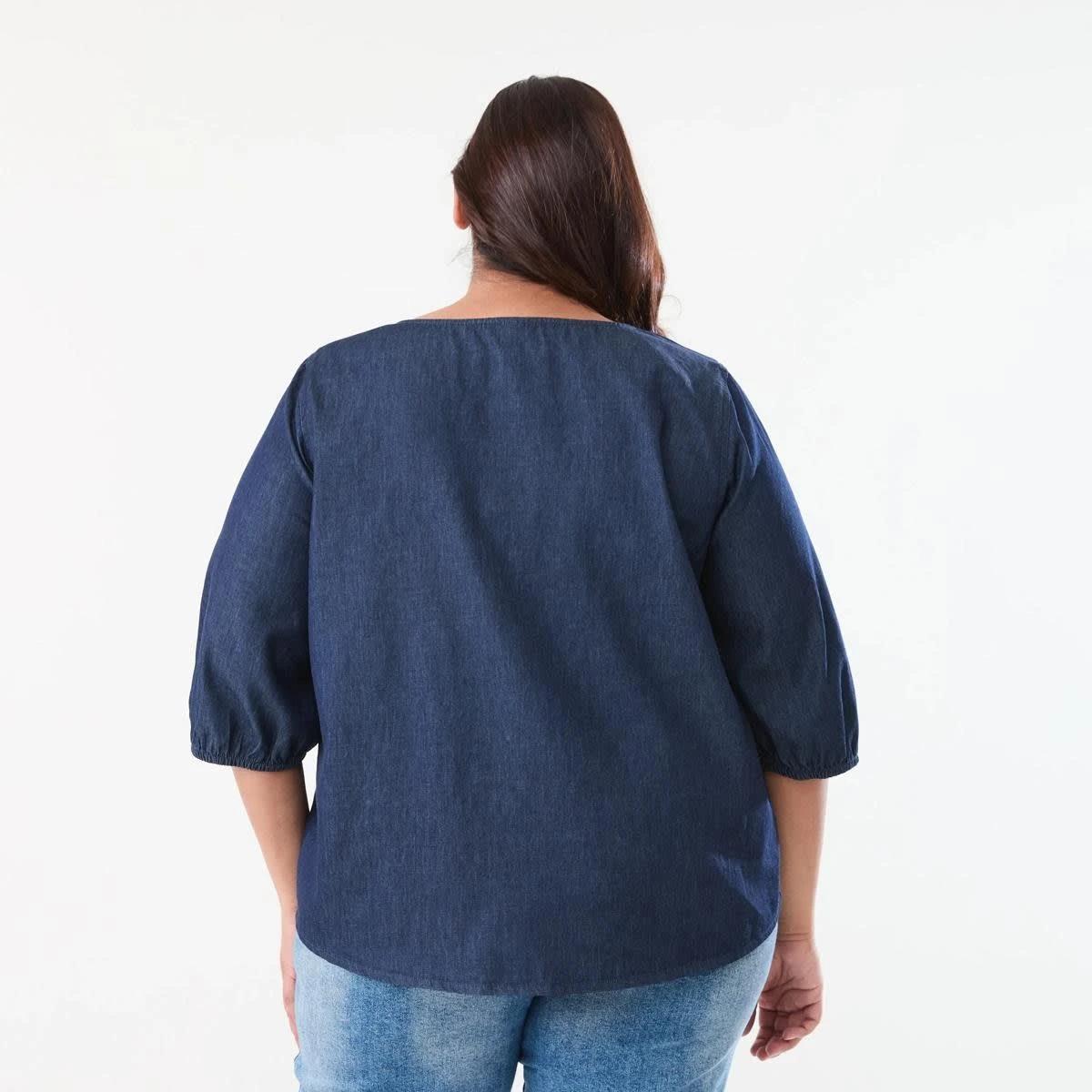 3 Curve Long Sleeve Shirred Shoulder Top DARK DENIM WASH, 3 of 6