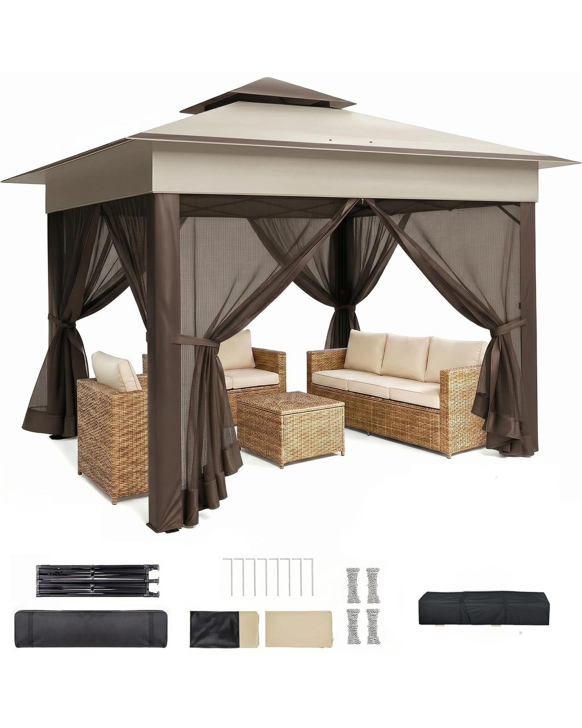 1 Advwin 3.3x3.3m Gazebo Marquee Pop-up Folding Canopy with 4 Mesh Panels - Beige, 1 of 7