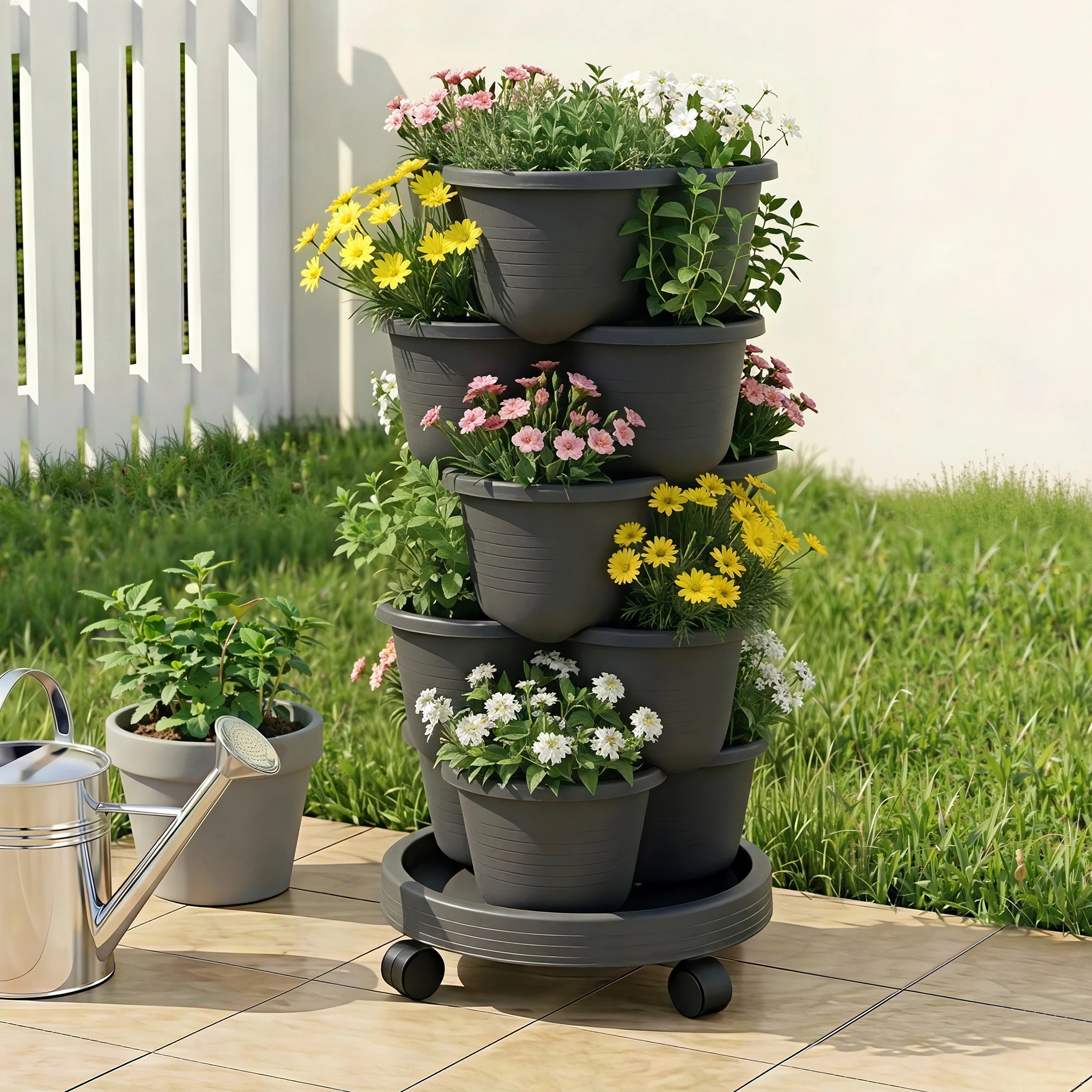 4 Green Fingers 5 Tier Vertical Garden Planter Movable Stackable Strawberry Pots with 4 Wheels - Grey, 4 of 4
